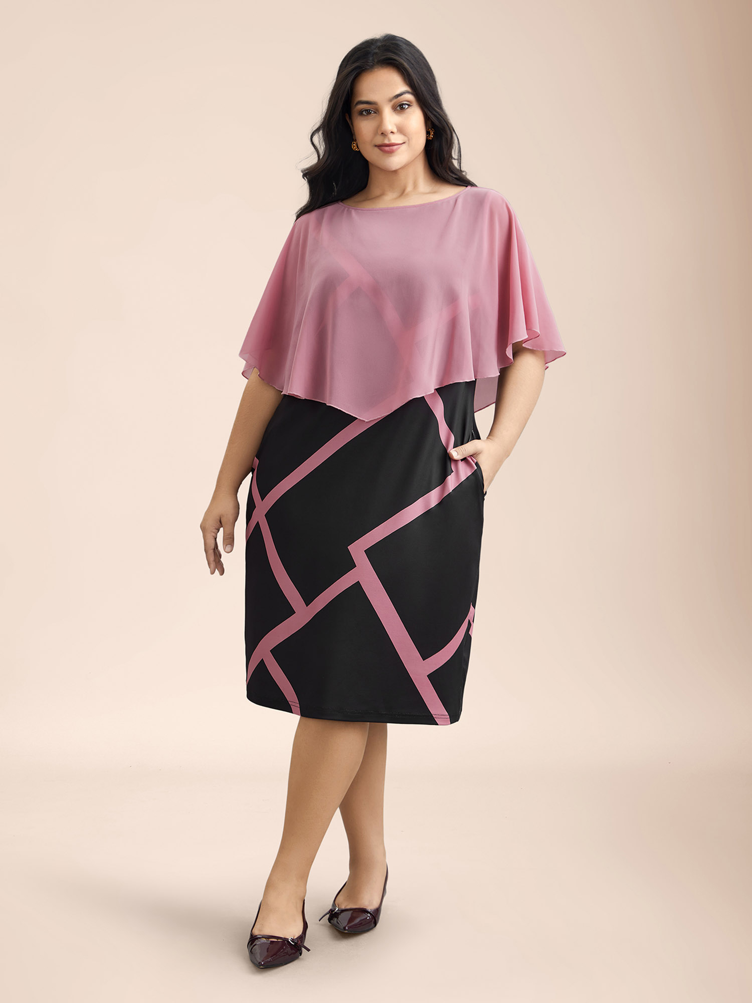 Plus Size 2-in-1 Color-Block Sheer Top Midi Dress DustyPink Women Elegant See through Round Neck Half Sleeve Curvy BloomChic 30/6X 