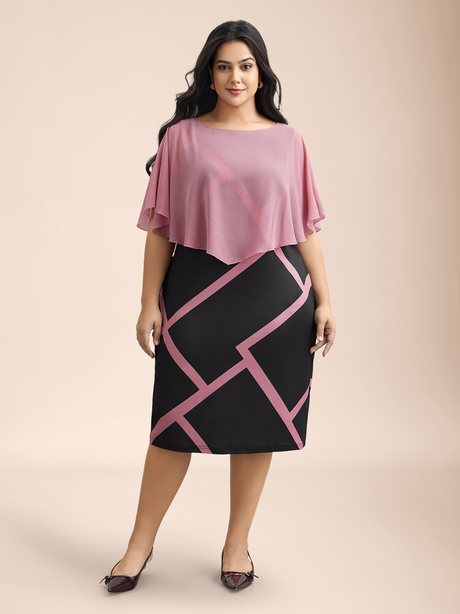Plus Size 2-in-1 Color-Block Sheer Top Midi Dress DustyPink Women Elegant See through Round Neck Half Sleeve Curvy BloomChic 30/6X 