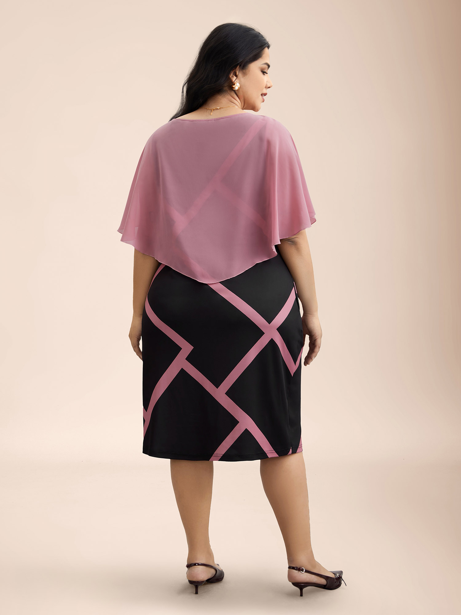 Plus Size 2-in-1 Color-Block Sheer Top Midi Dress DustyPink Women Elegant See through Round Neck Half Sleeve Curvy BloomChic 30/6X 