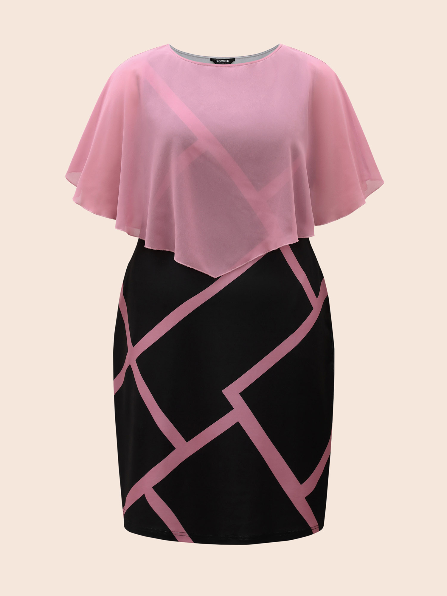 Plus Size 2-in-1 Color-Block Sheer Top Midi Dress DustyPink Women Elegant See through Round Neck Half Sleeve Curvy BloomChic 30/6X 