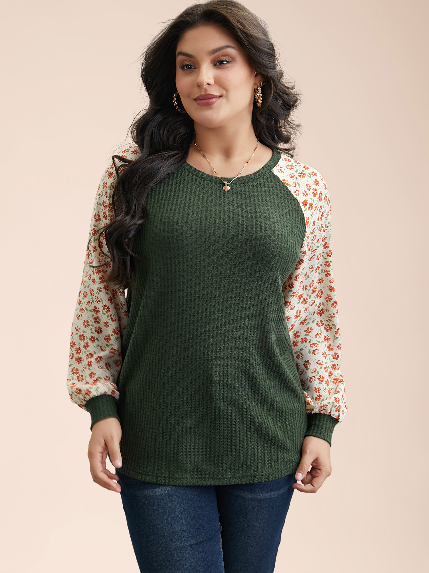 

Plus Size Color-Block Printed Raglan Sleeve Waffle Knit T-Shirt ArmyGreen Women Elegant Texture Natural Flowers Round Neck Everyday T-shirts BloomChic