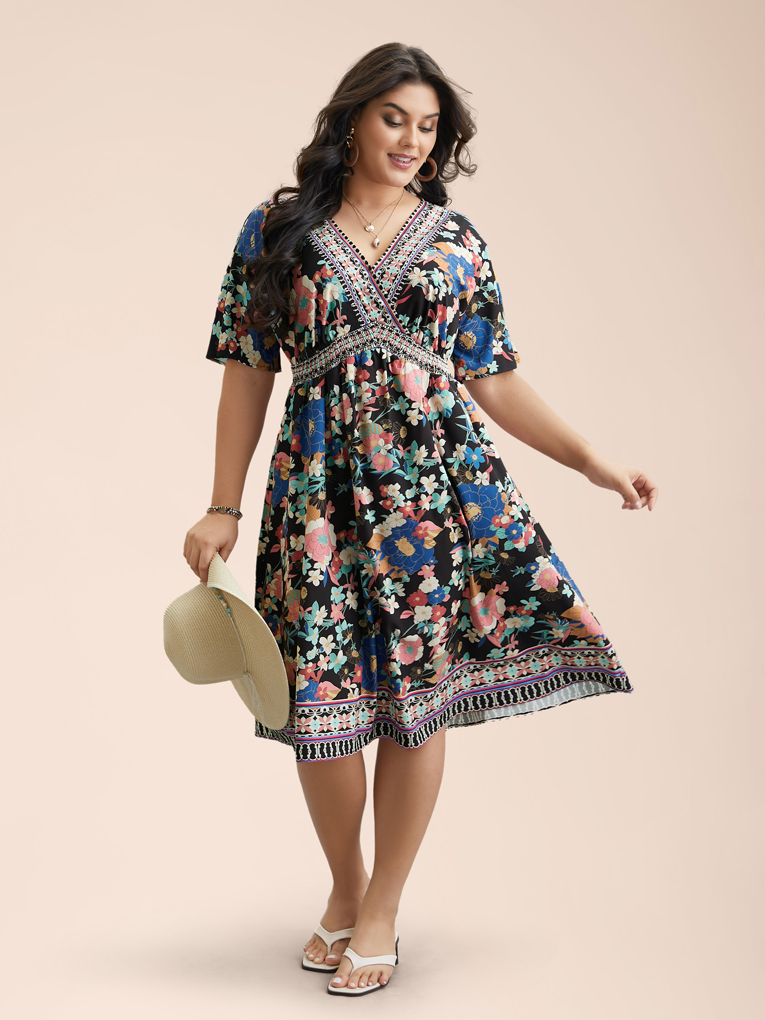 

Plus Size Boho Print Shirred V-Neck Flared Midi Dress Black Women Resort Shirred V-neck Elbow-length sleeve Curvy BloomChic