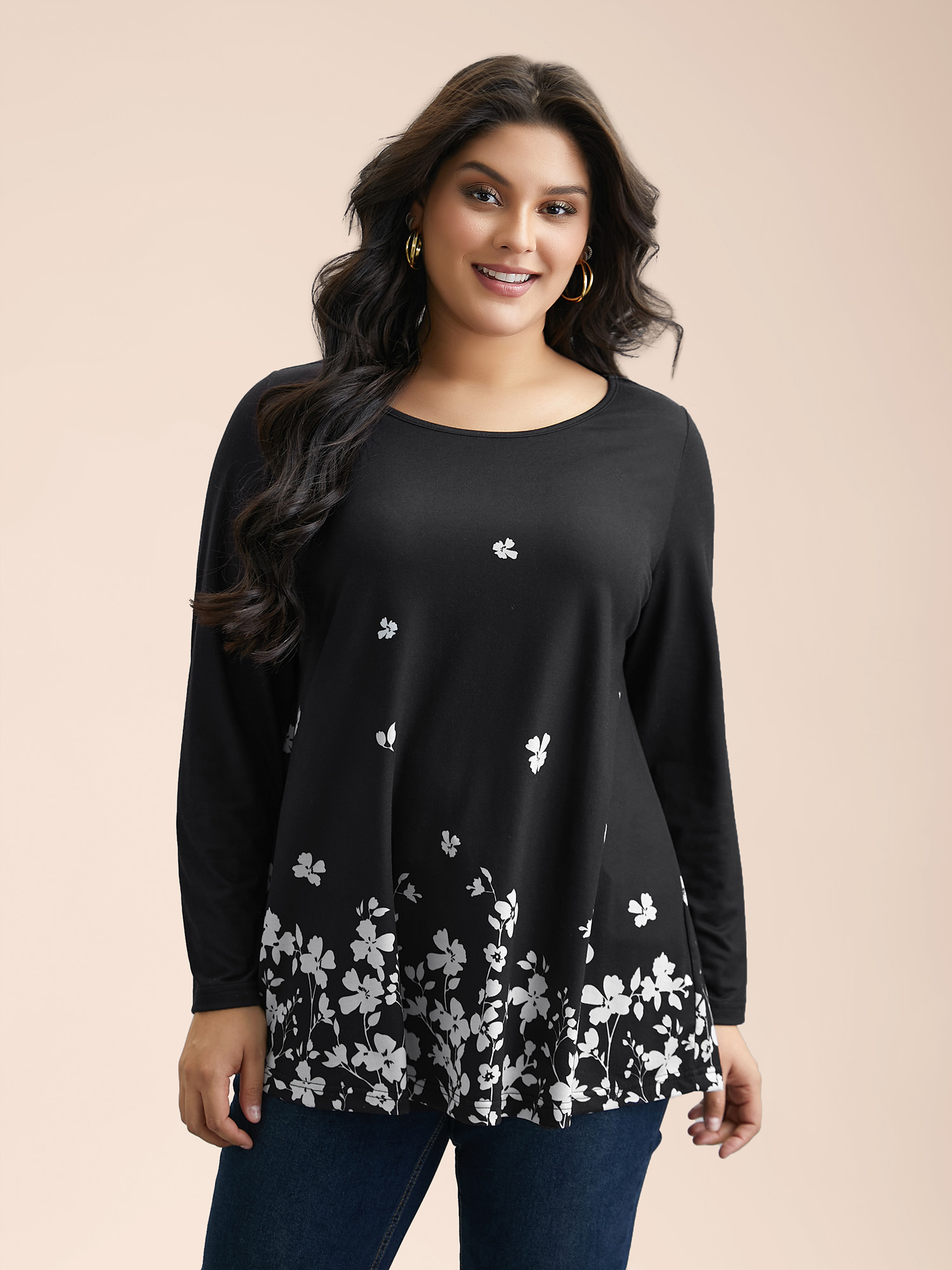 

Plus Size Floral Print Round Neck Fitted Top Black Round Neck Extra Long Sleeve Casual Jersey Tops