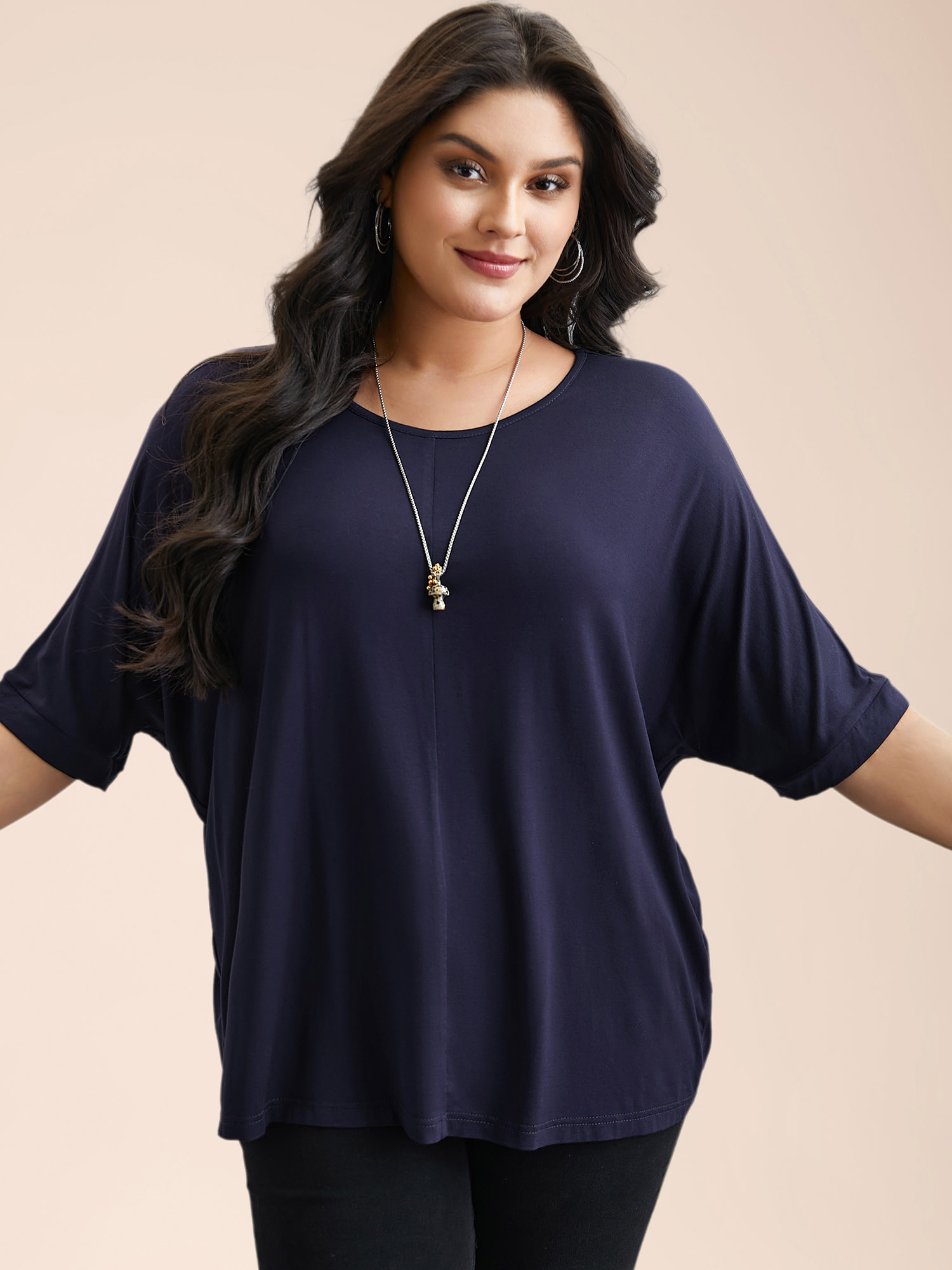 

Plus Size Supersoft Round Neck Plain T-Shirt Midnight Women Casual Non Round Neck Everyday T-shirts BloomChic