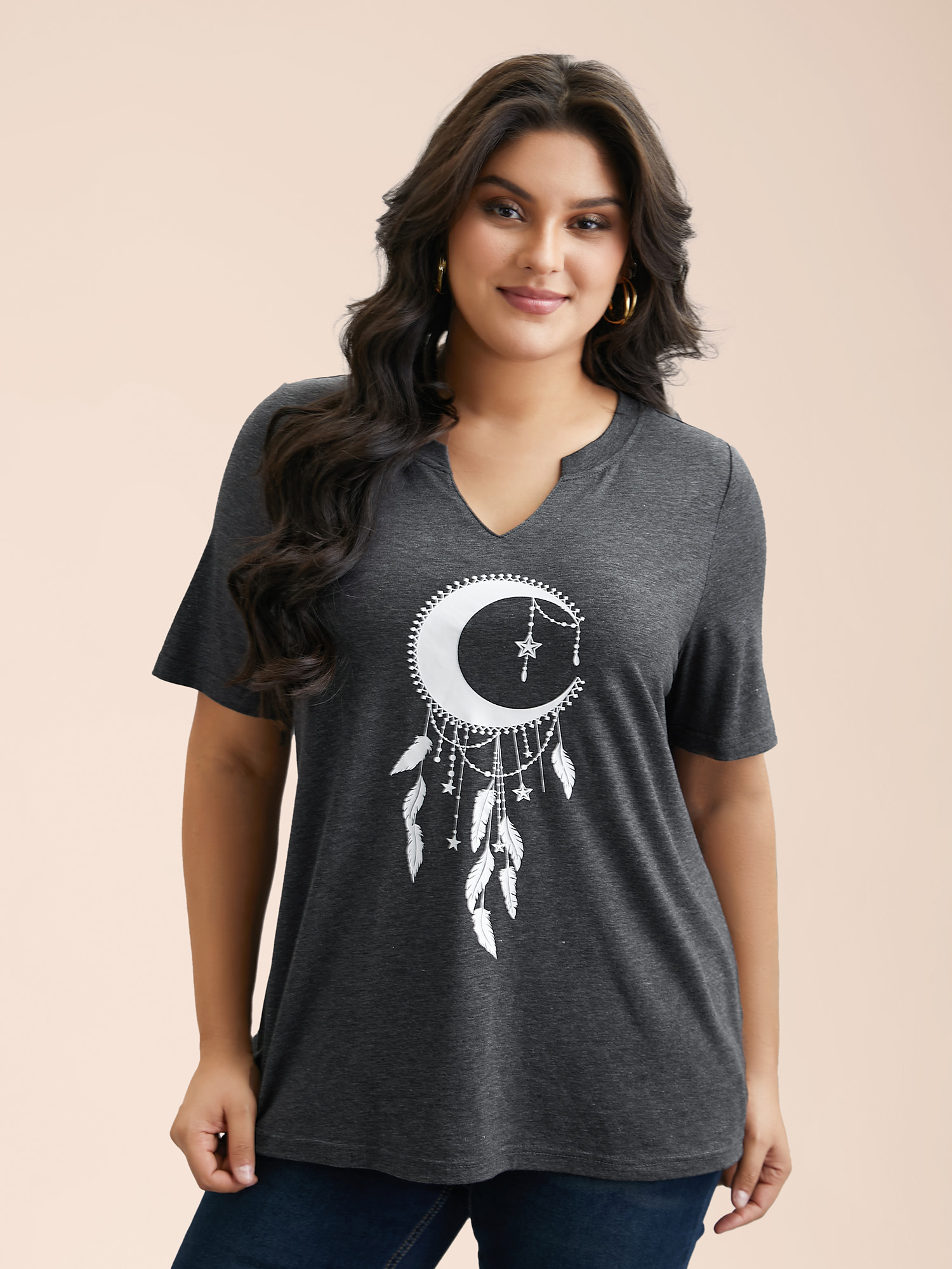 

Plus Size Dream Catcher Fitted T-Shirt DimGray Women Casual Non Star and moon Notched collar Everyday T-shirts BloomChic