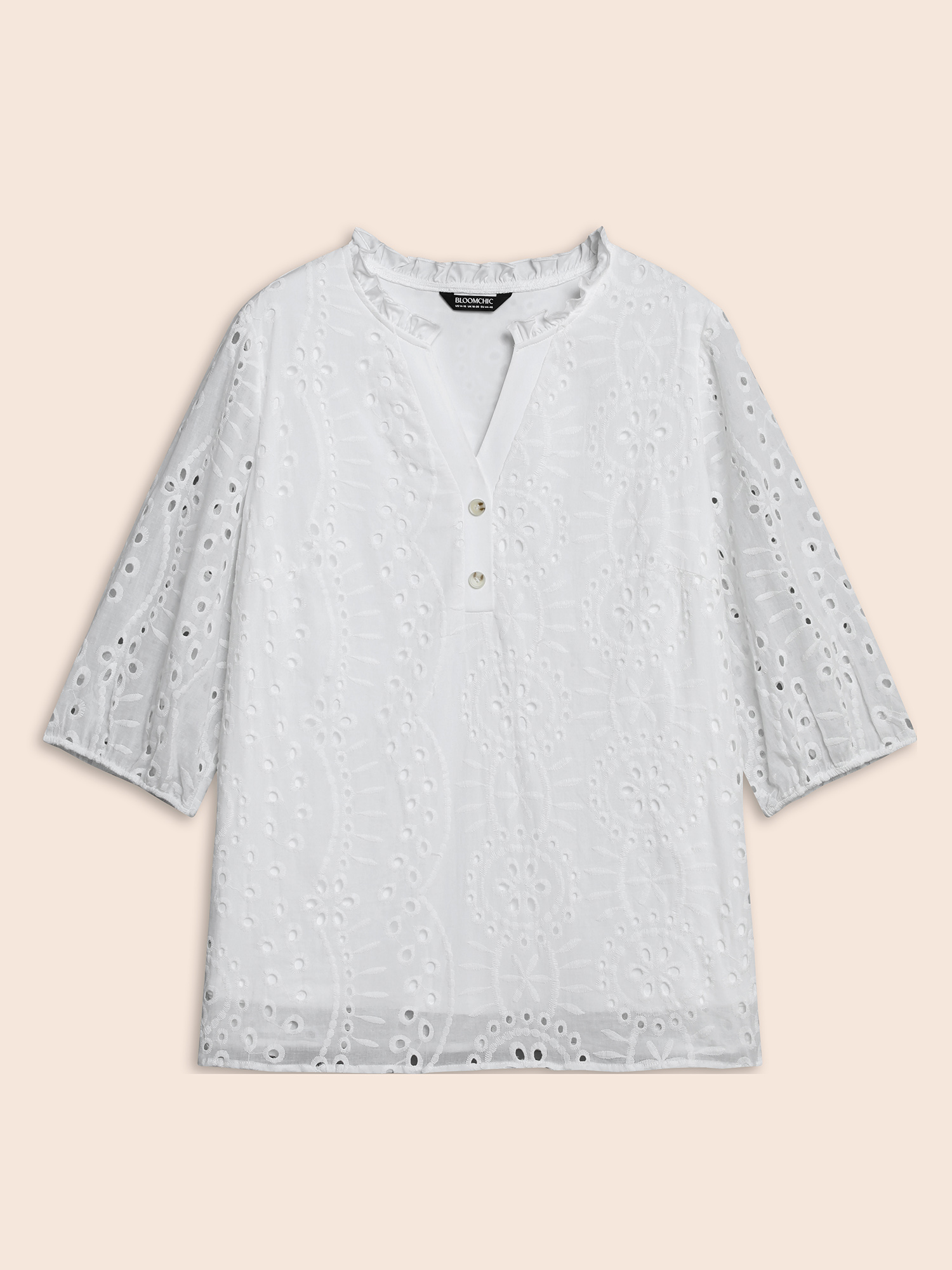 

Plus Size WhiteSmoke Cotton Embroidered Button Detail Notched Collar Blouse Women Resort Elbow-length sleeve Flat collar with V-notch Vacation Blouses BloomChic