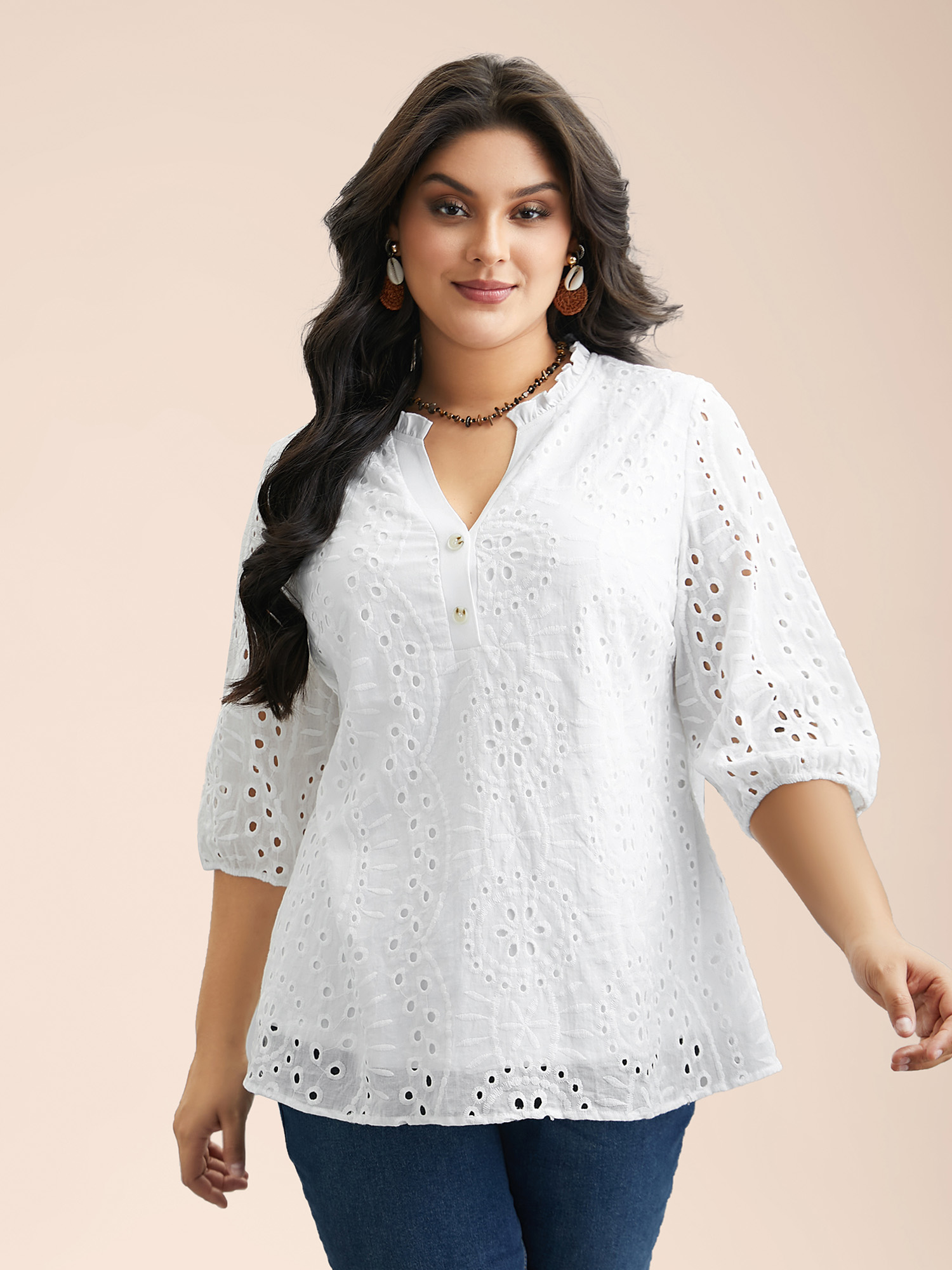 

Plus Size WhiteSmoke Cotton Embroidered Button Detail Notched Collar Blouse Women Resort Elbow-length sleeve Flat collar with V-notch Vacation Blouses BloomChic