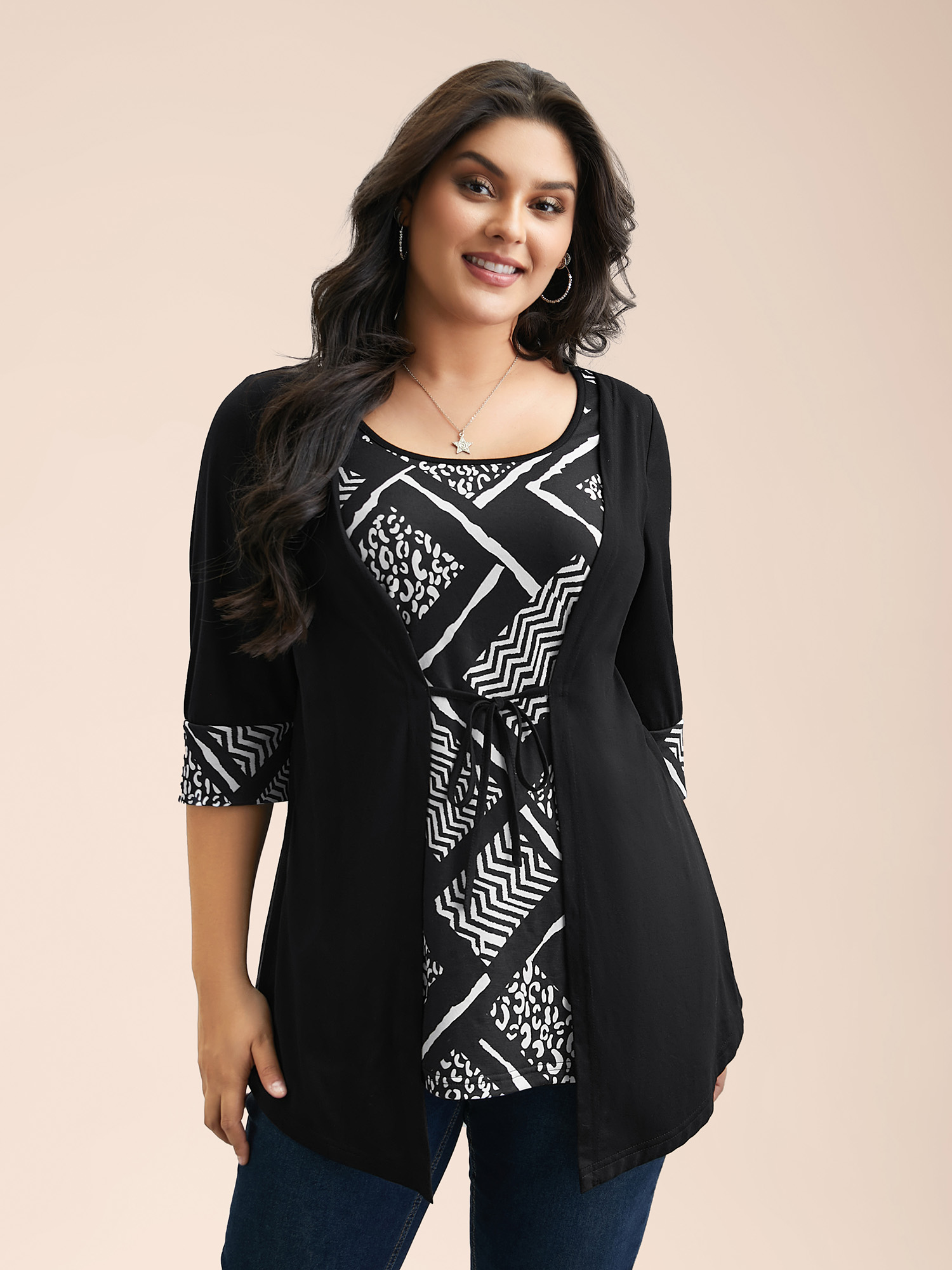 

Plus Size 2-in-1 Geometric Print Patchwork Stretchy Top Black U-neck Elbow-length sleeve Casual Jersey Tops