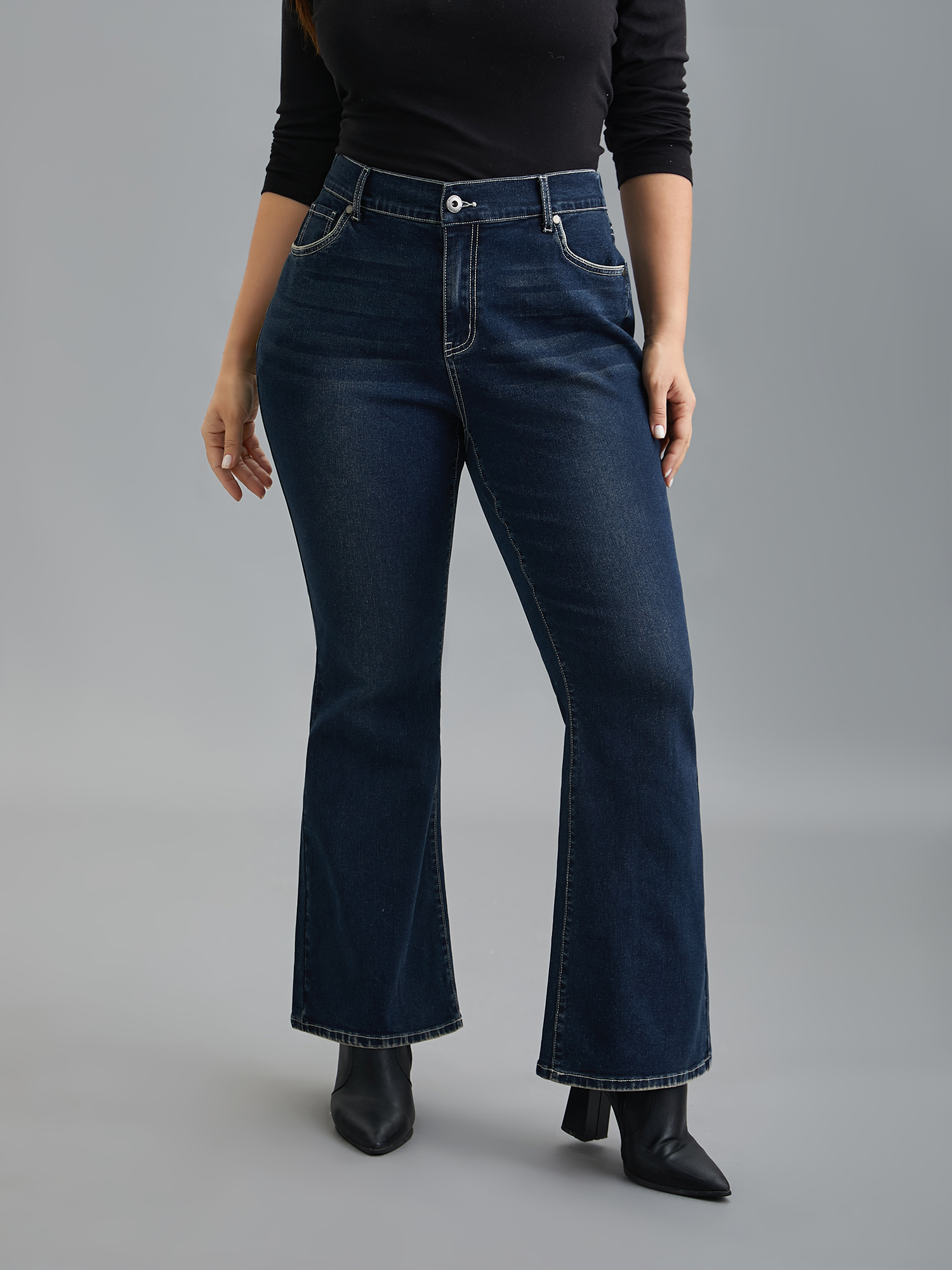 

Plus Size Whiskered Stretchy Waist Bootcut Jeans Women Darkindigo Elegant Button Medium stretch Slanted pocket Jeans BloomChic