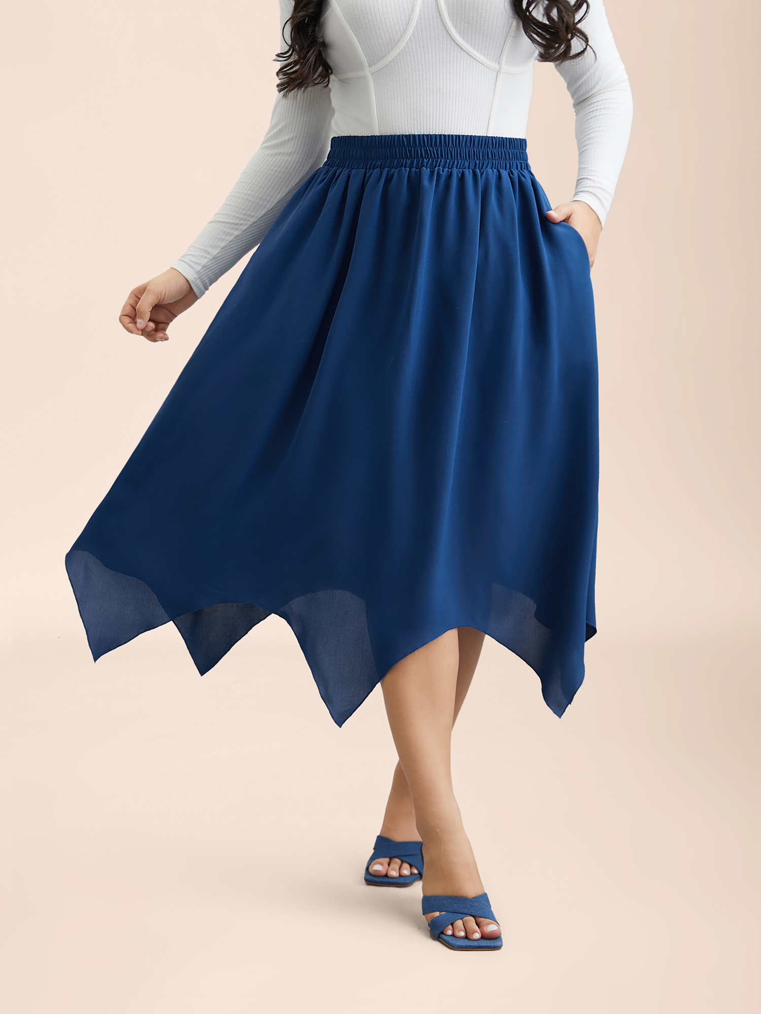 

Plus Size Asymmetrical Hem Stretchy-Waist Plain Midi Skirt Women Mediumblue Elegant Asymmetrical No stretch Side seam pocket Everyday Skirts BloomChic