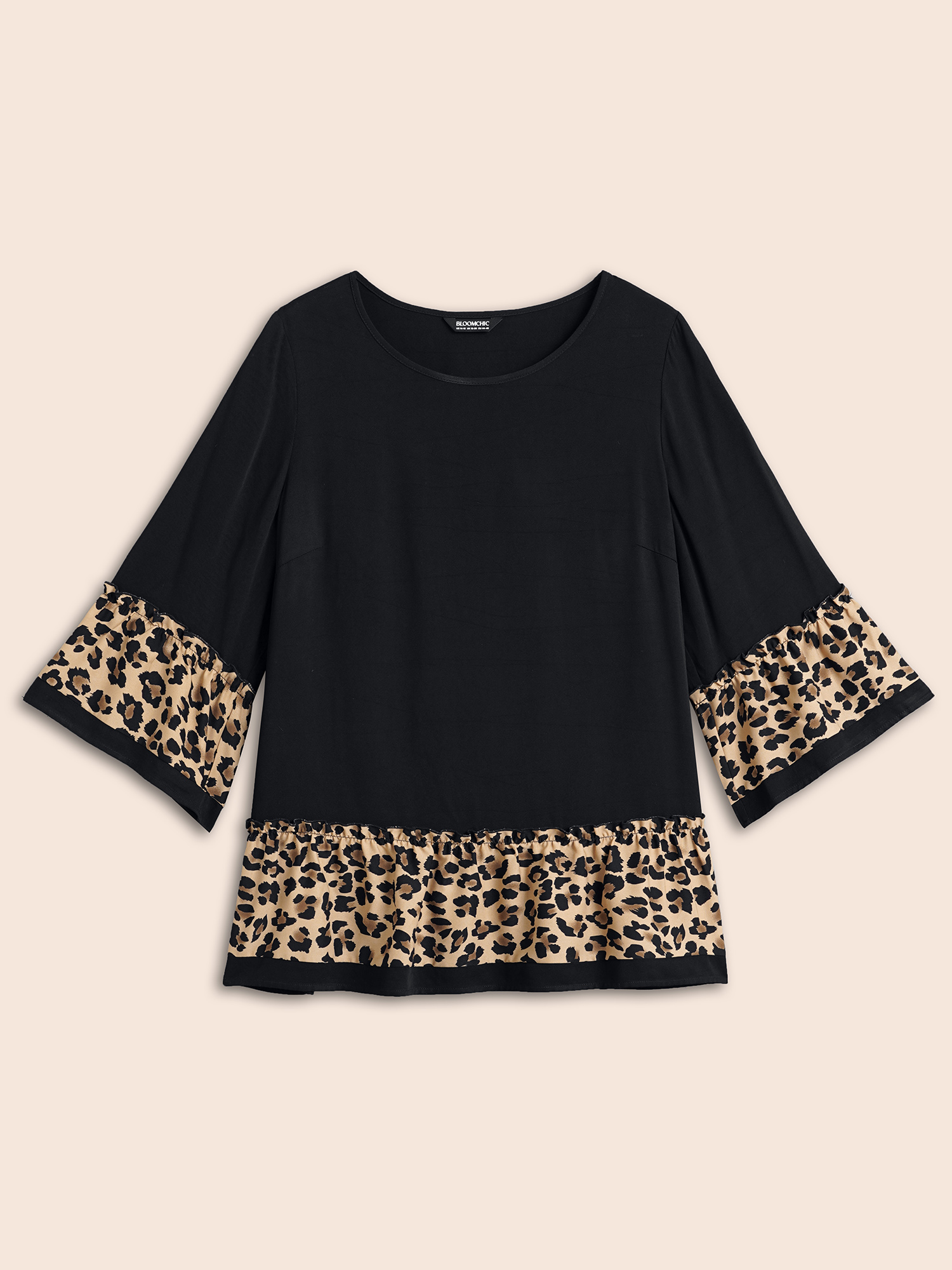 

Plus Size Black Leopard Print Patchwork Tiered Blouse Women Casual Elbow-length sleeve Round Neck Everyday Blouses BloomChic