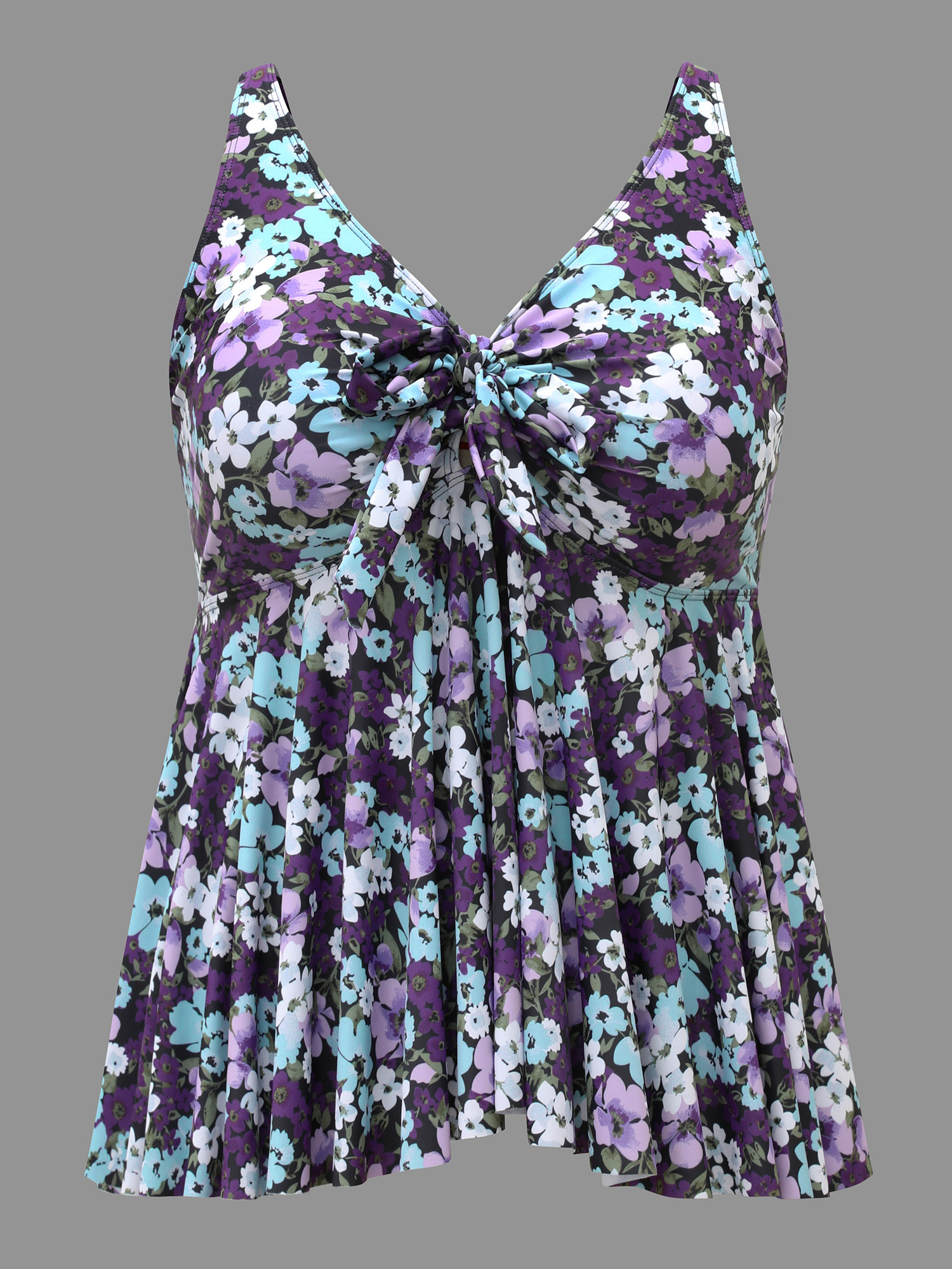 Plus Size Ditsy Floral Ties Adjustable Ruched Swim Top Women`s Swimwear Eggplant Beach Tie knot High stretch Bodycon V-neck Curve Swim Tops BloomChic 12/L 