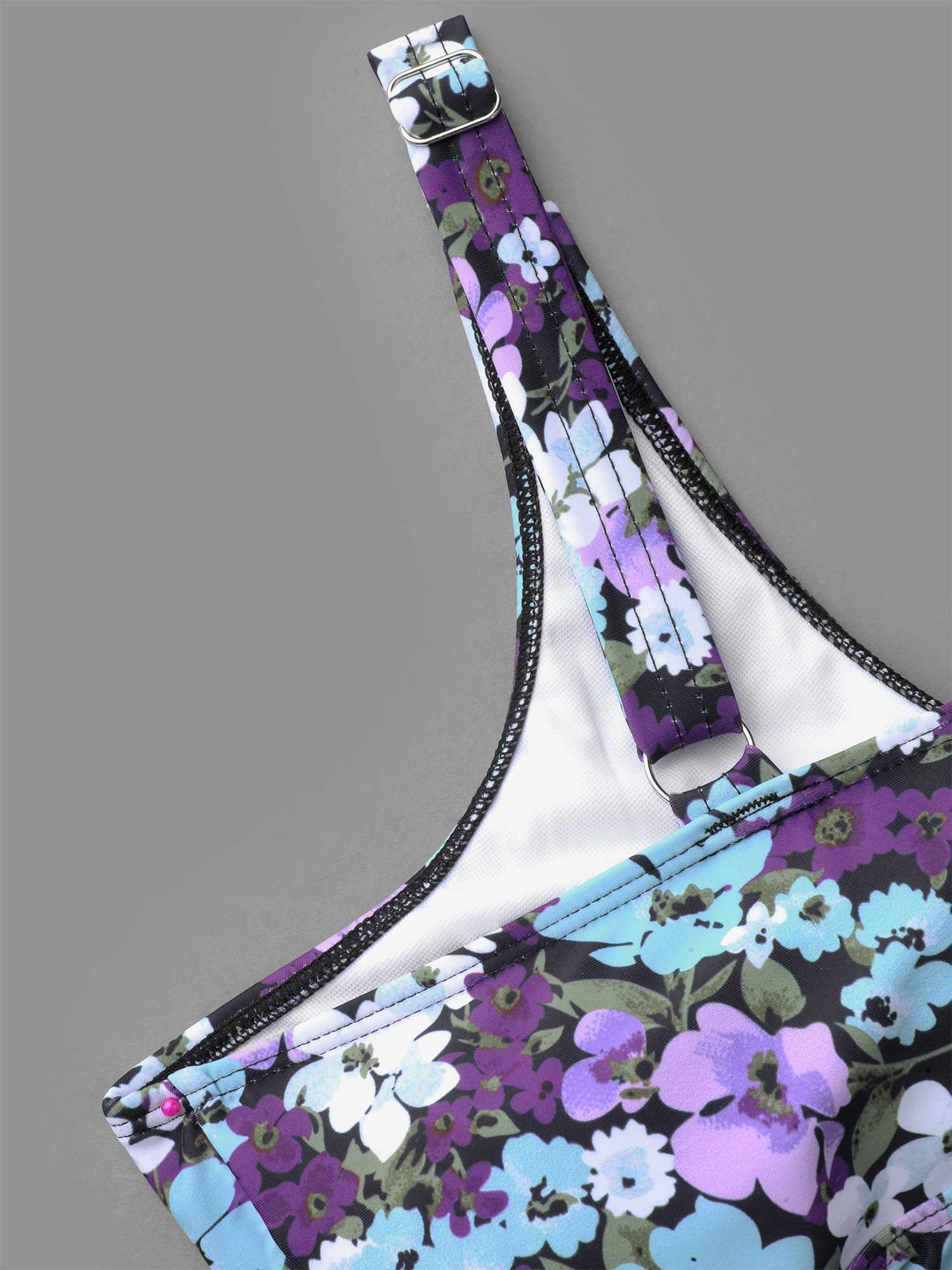 Plus Size Ditsy Floral Ties Adjustable Ruched Swim Top Women`s Swimwear Eggplant Beach Tie knot High stretch Bodycon V-neck Curve Swim Tops BloomChic 12/L 