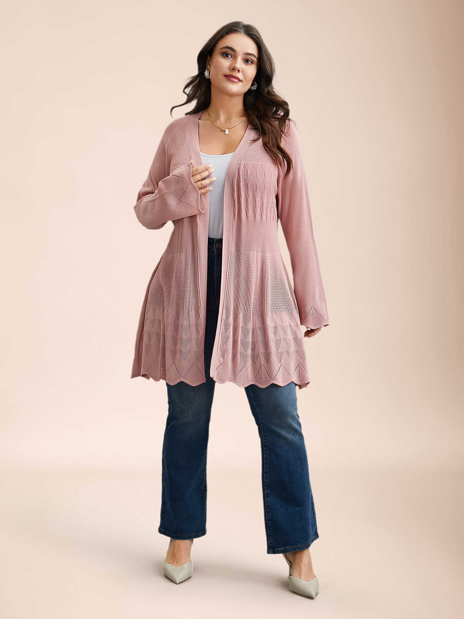 

Plus Size Cut-Out Textured Open-Front Knit Cardigan Crepe Women Casual Loose Long Sleeve Everyday Cardigans BloomChic