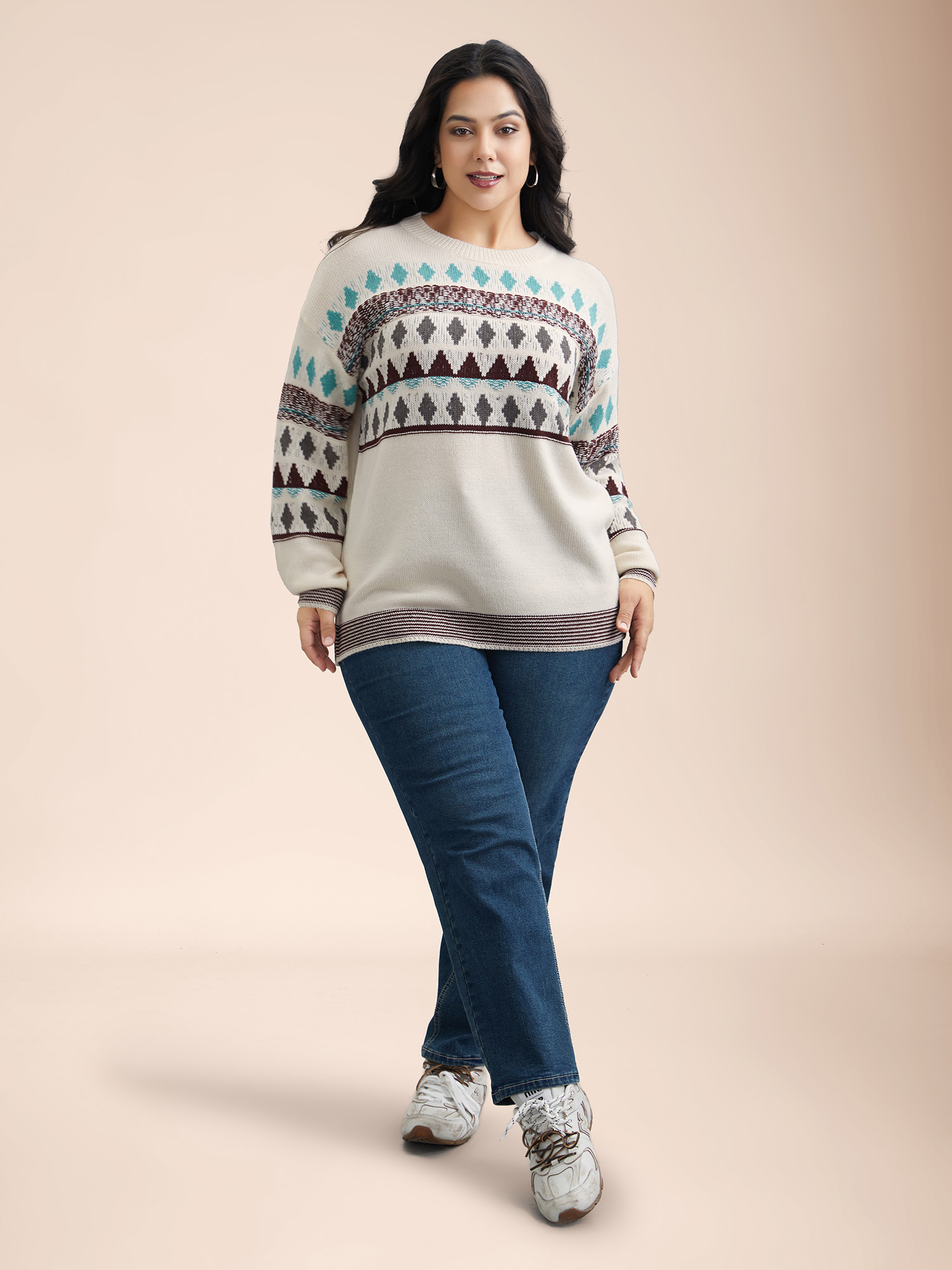 

Plus Size Color-Collision Textured Knit Pullover Ivory Women Casual Loose Long Sleeve Everyday Cardigans BloomChic