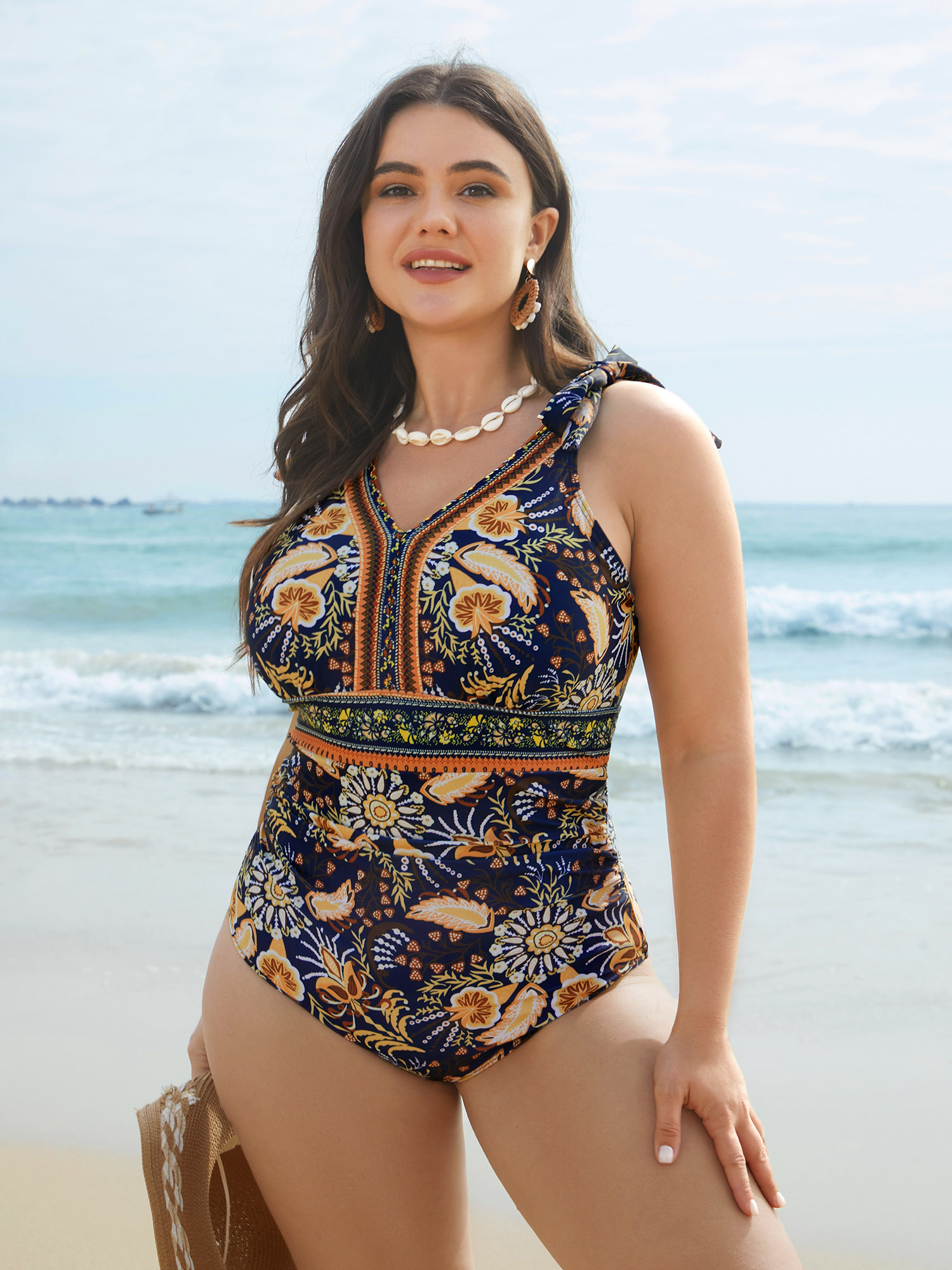 Plus Size Boho Print Adjustable Tie One-Piece Swimsuit Women`s Swimwear Indigo Beach Gathered Curve Bathing Suits High stretch One Pieces BloomChic 12/L 
