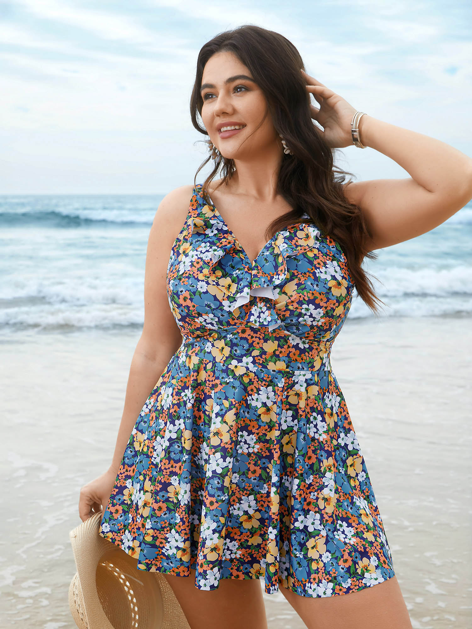 

Plus Size Floral Ruffled Flared Swim Dress Women's Swimwear Multicolor Beach Bodycon Overlap Collar High stretch Curve Swim Dresses BloomChic