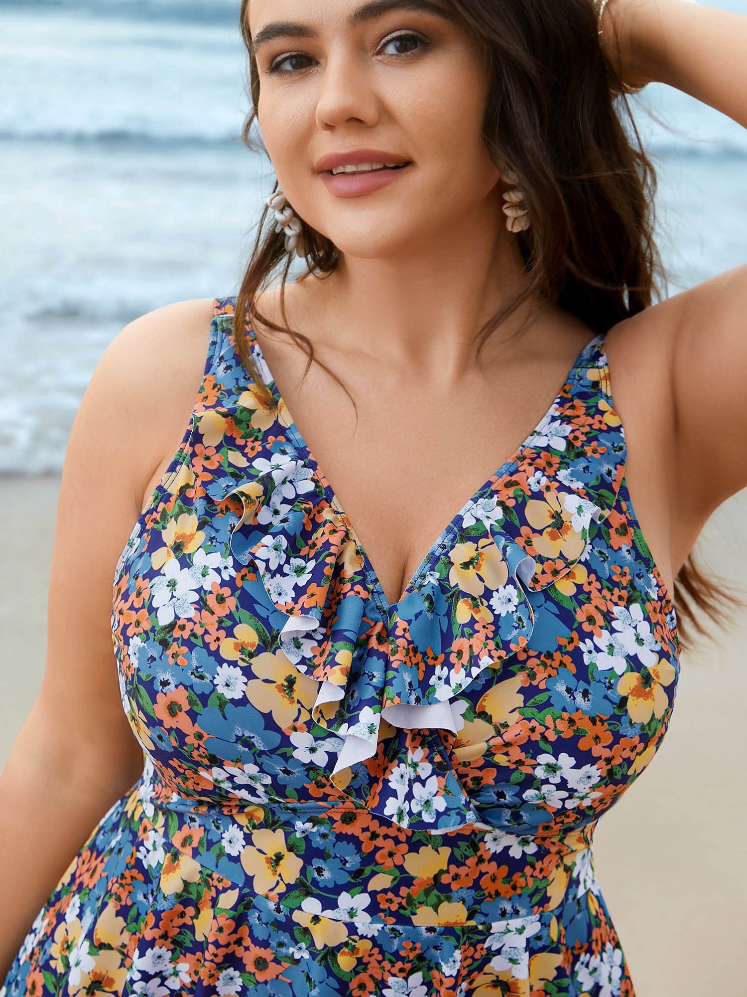 Plus Size Floral Ruffled Flared Swim Dress Women`s Swimwear Multicolor Beach Bodycon Overlap Collar High stretch Curve Swim Dresses BloomChic 26/4X 