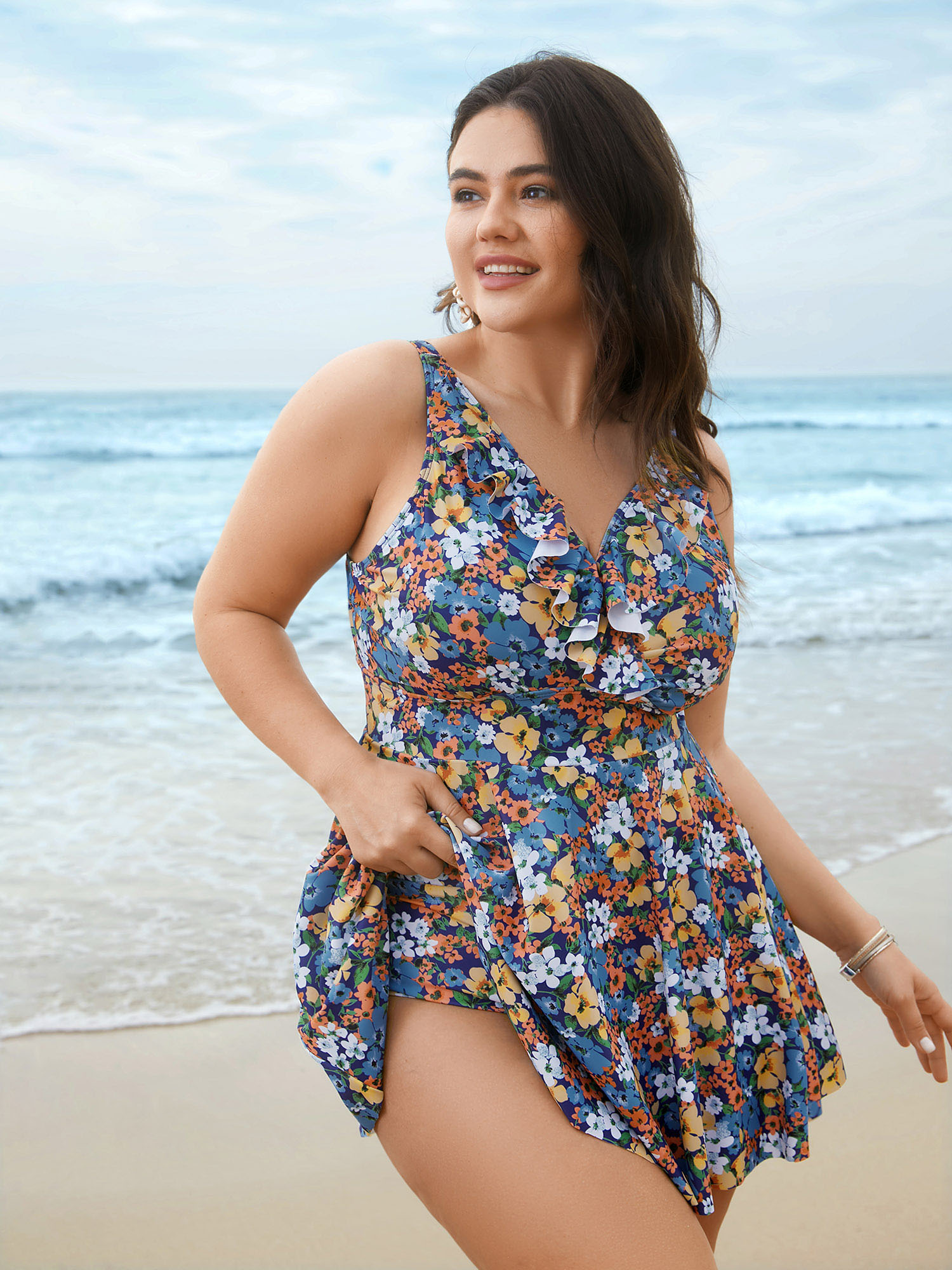 

Plus Size Floral Ruffled Flared Swim Dress Women's Swimwear Multicolor Beach Bodycon Overlap Collar High stretch Curve Swim Dresses BloomChic