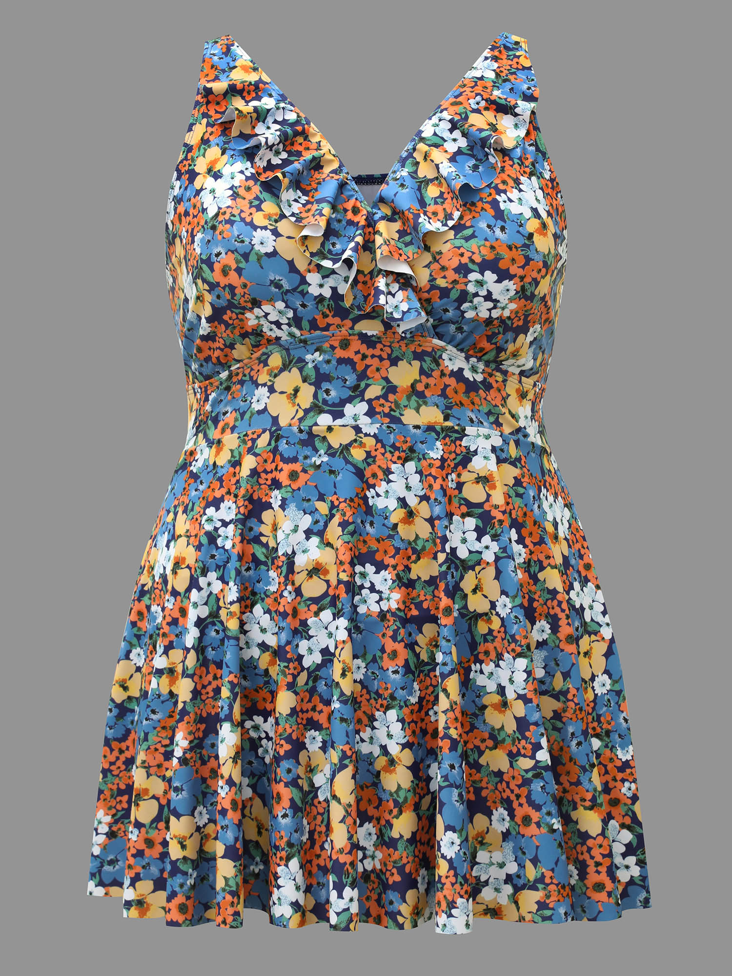 Plus Size Floral Ruffled Flared Swim Dress Women`s Swimwear Multicolor Beach Bodycon Overlap Collar High stretch Curve Swim Dresses BloomChic 26/4X 