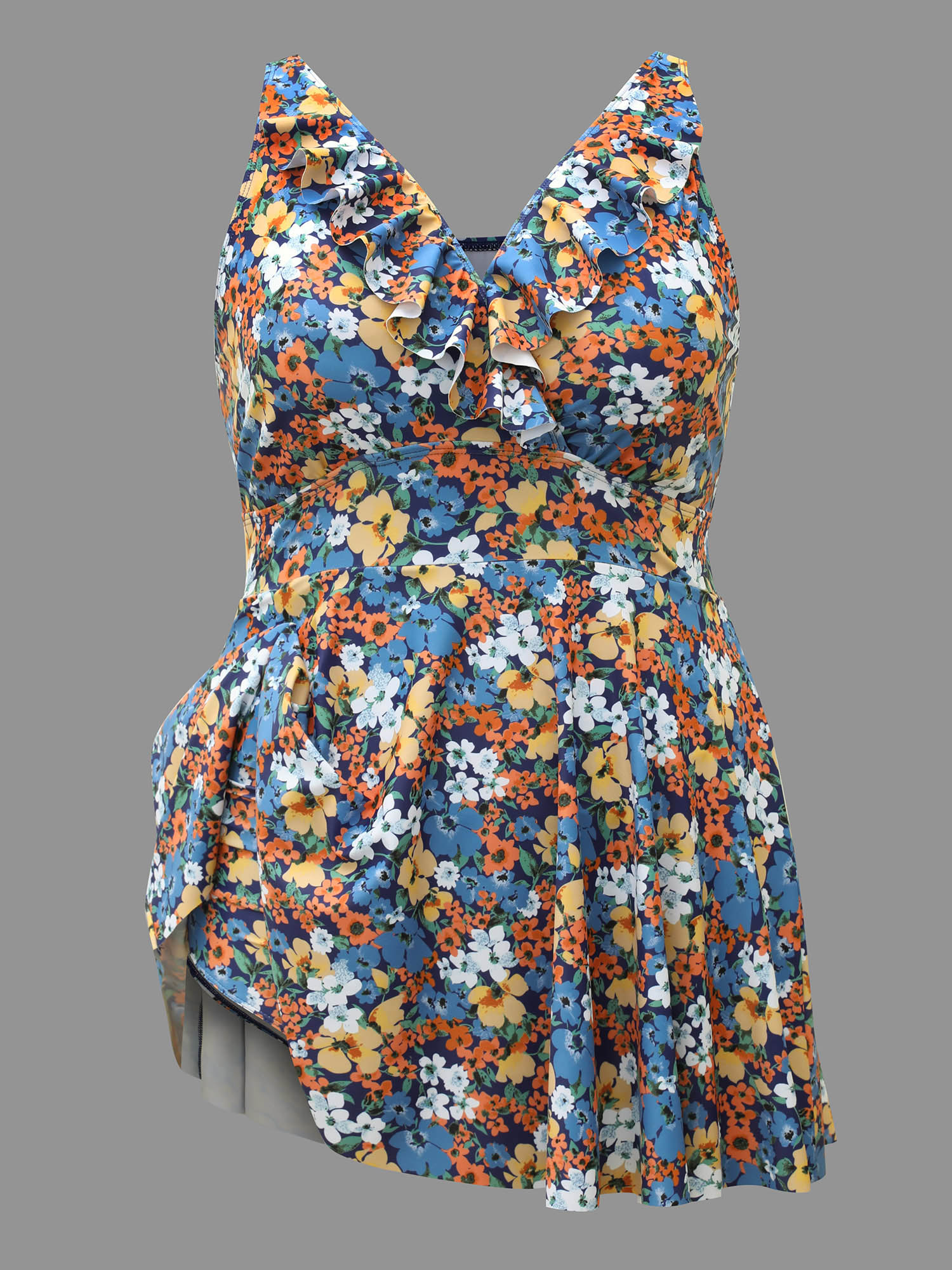 Plus Size Floral Ruffled Flared Swim Dress Women`s Swimwear Multicolor Beach Bodycon Overlap Collar High stretch Curve Swim Dresses BloomChic 26/4X 