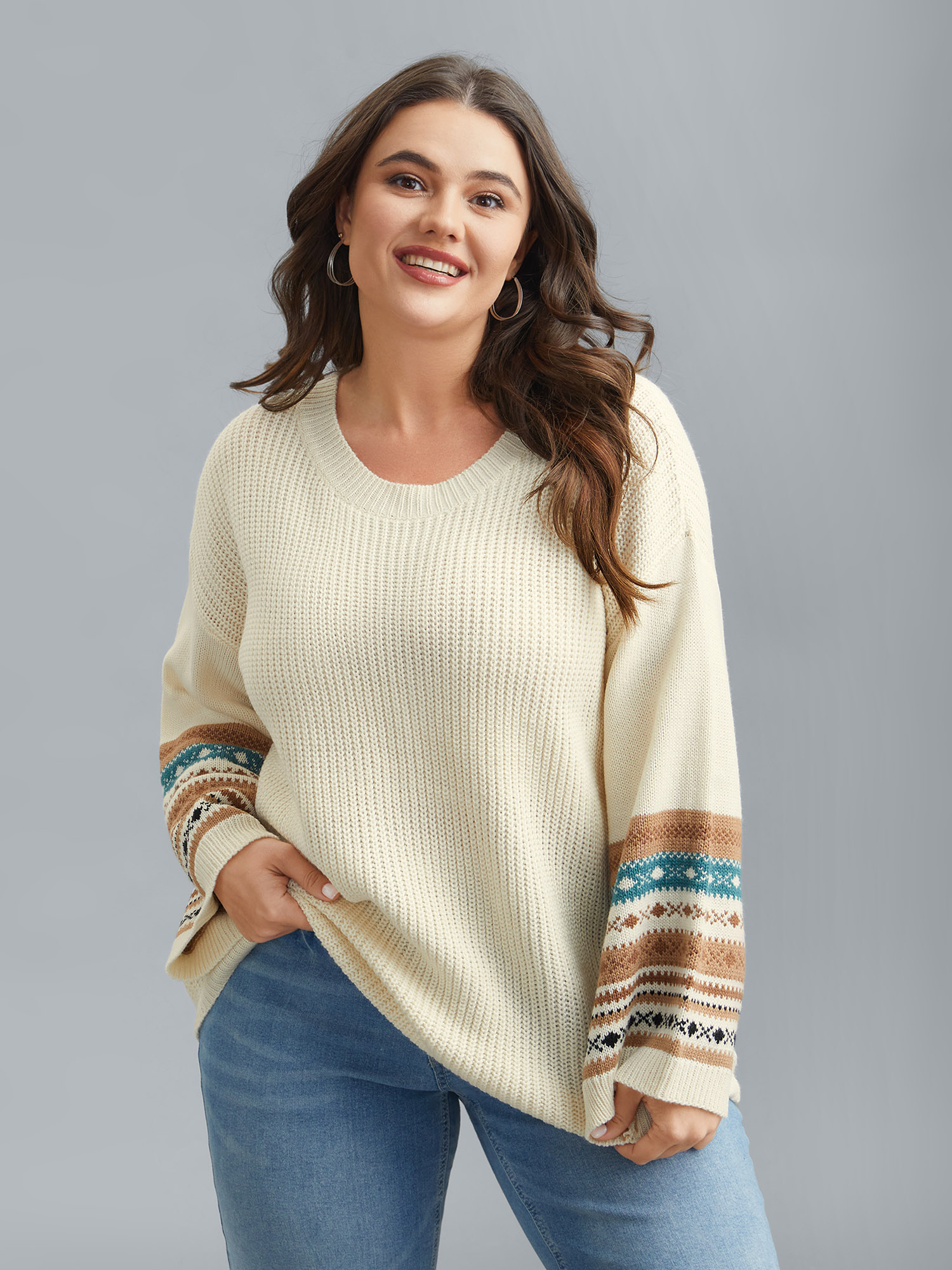 

Plus Size Round Neck Color-Block Textured Pullover Ivory Women Casual Loose Long Sleeve Everyday Cardigans BloomChic