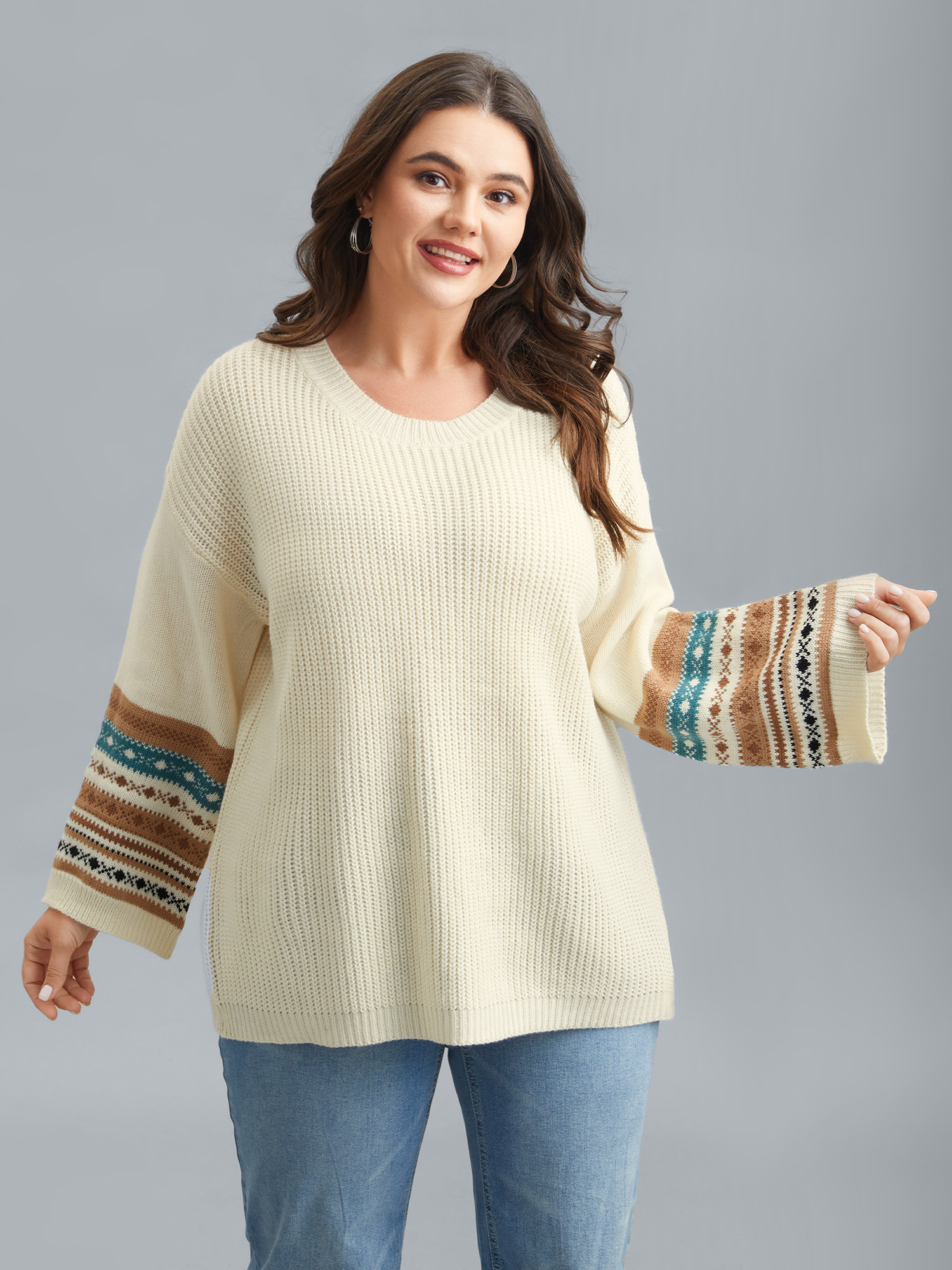 

Plus Size Round Neck Color-Block Textured Pullover Ivory Women Casual Loose Long Sleeve Everyday Cardigans BloomChic