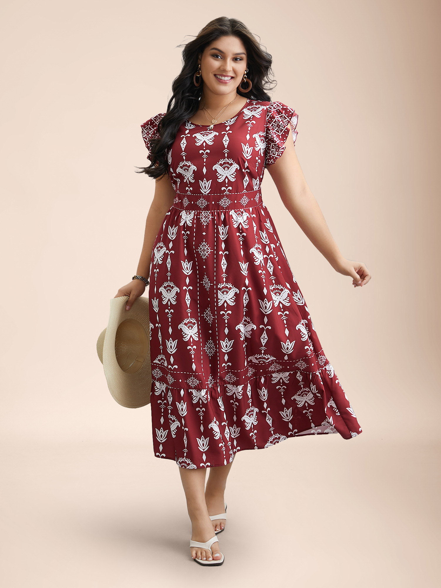 Plus Size Boho Print Stretchy-Waist Ruffled Midi Dress Russet Women Resort Shirred Round Neck Cap Sleeve Curvy BloomChic 10/M 