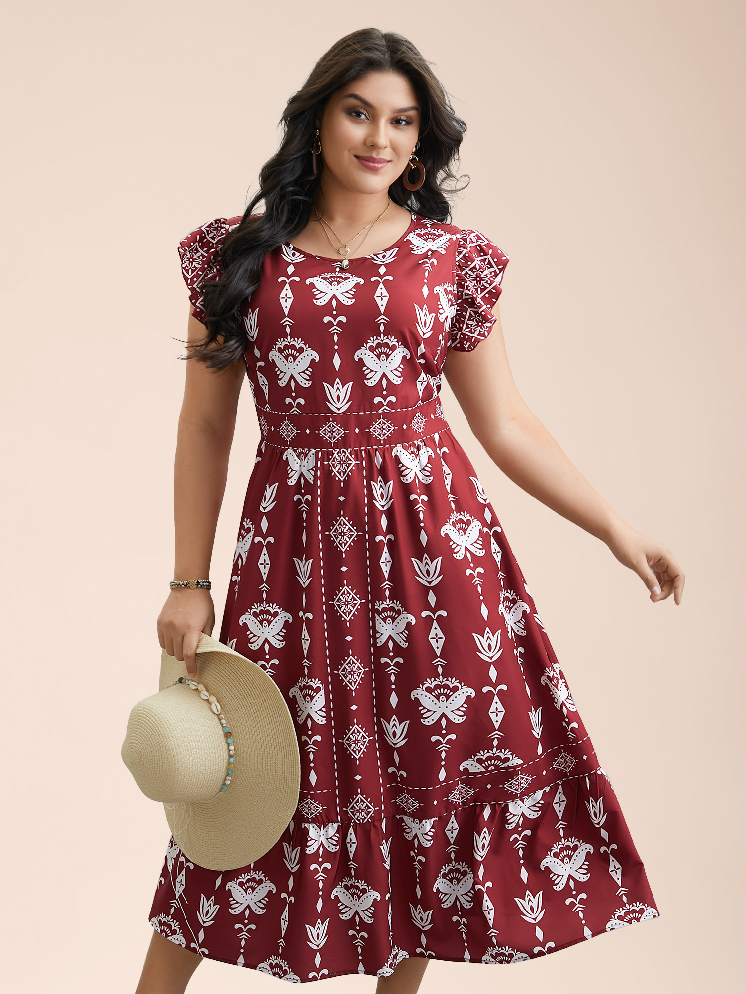 Plus Size Boho Print Stretchy-Waist Ruffled Midi Dress Russet Women Resort Shirred Round Neck Cap Sleeve Curvy BloomChic 10/M 