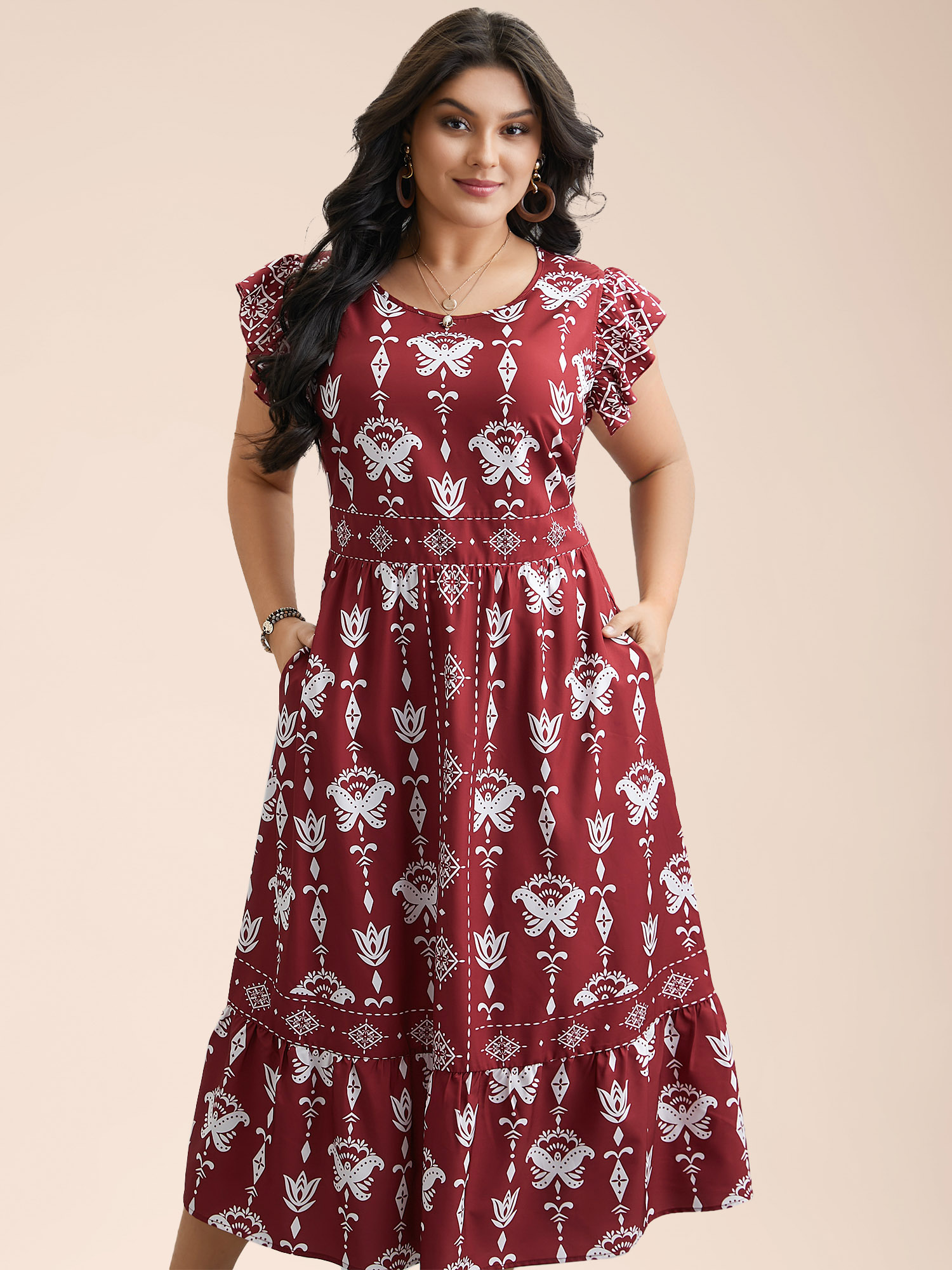 

Plus Size Boho Print Stretchy-Waist Ruffled Midi Dress Russet Women Resort Shirred Round Neck Cap Sleeve Curvy BloomChic