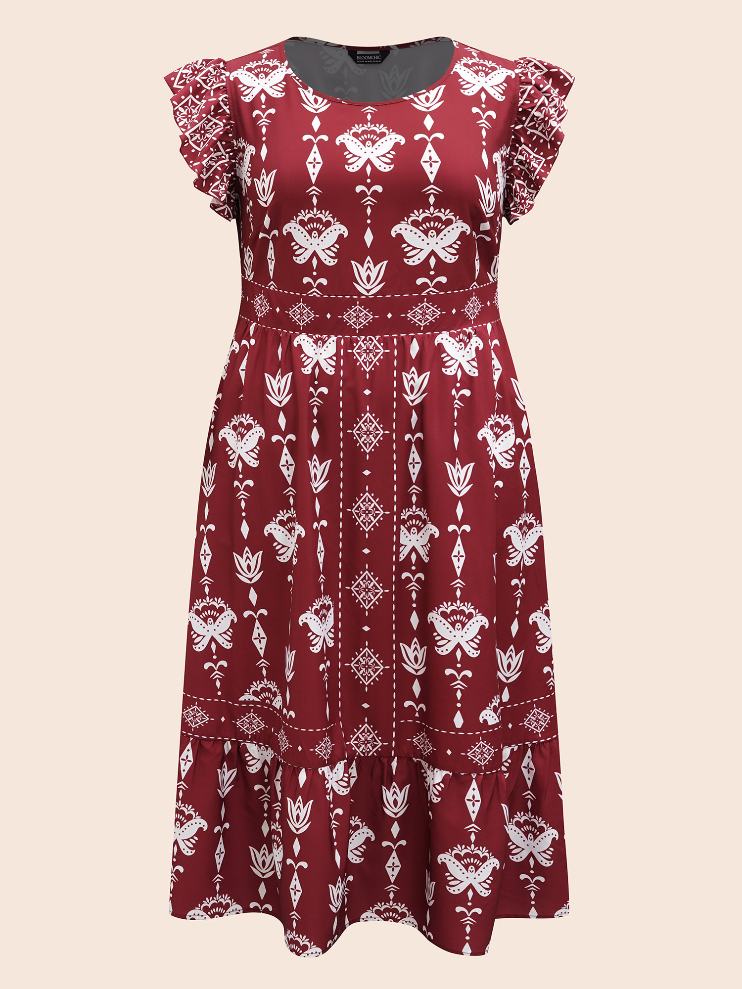 Plus Size Boho Print Stretchy-Waist Ruffled Midi Dress Russet Women Resort Shirred Round Neck Cap Sleeve Curvy BloomChic 10/M 