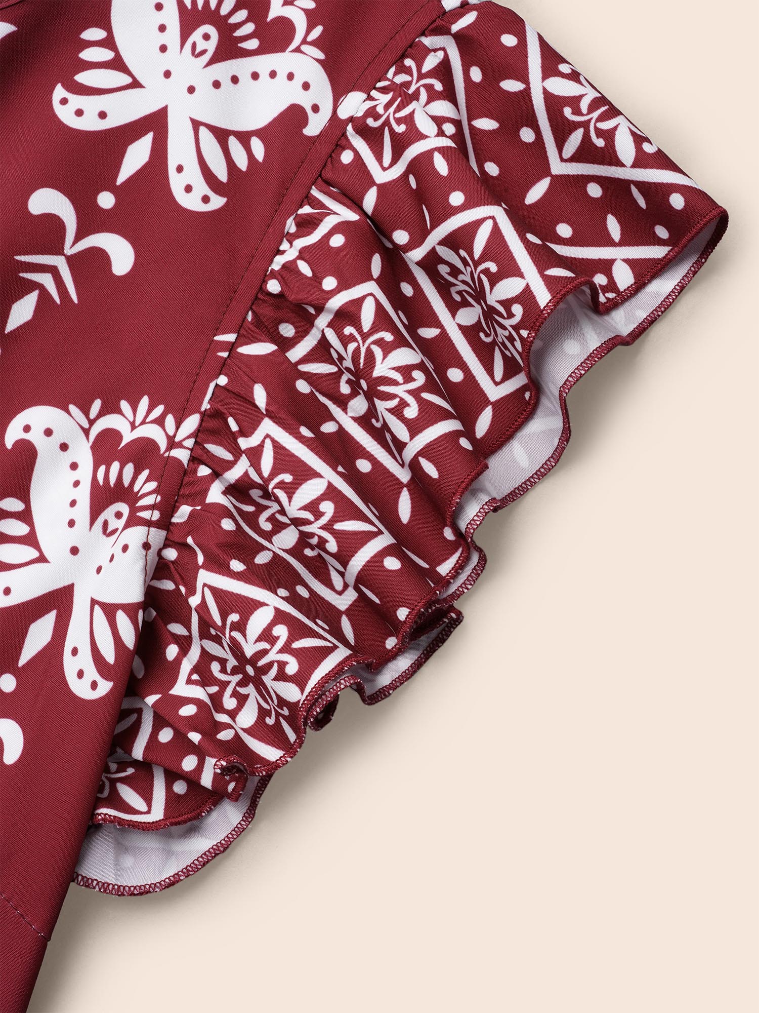 Plus Size Boho Print Stretchy-Waist Ruffled Midi Dress Russet Women Resort Shirred Round Neck Cap Sleeve Curvy BloomChic 10/M 