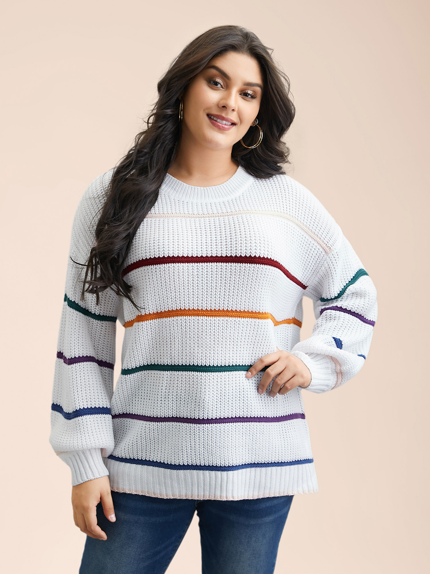 

Plus Size Multi-Color Textured Balloon Sleeve Pullover Ivory Women Casual Loose Long Sleeve Round Neck Everyday Pullovers BloomChic