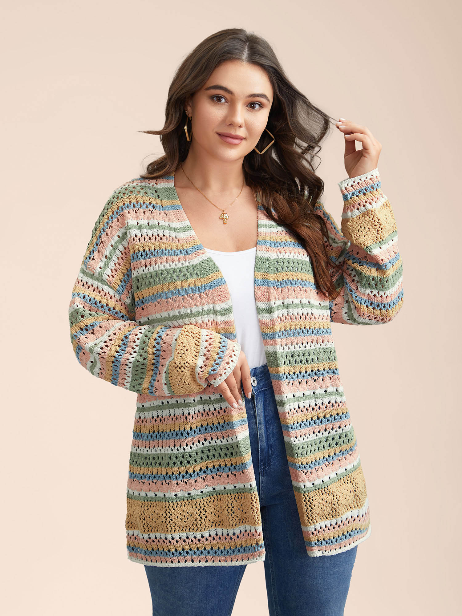 

Plus Size Striped Color Contrast Cut-Out Cardigan Multicolor Women Casual Loose Long Sleeve Everyday Cardigans BloomChic