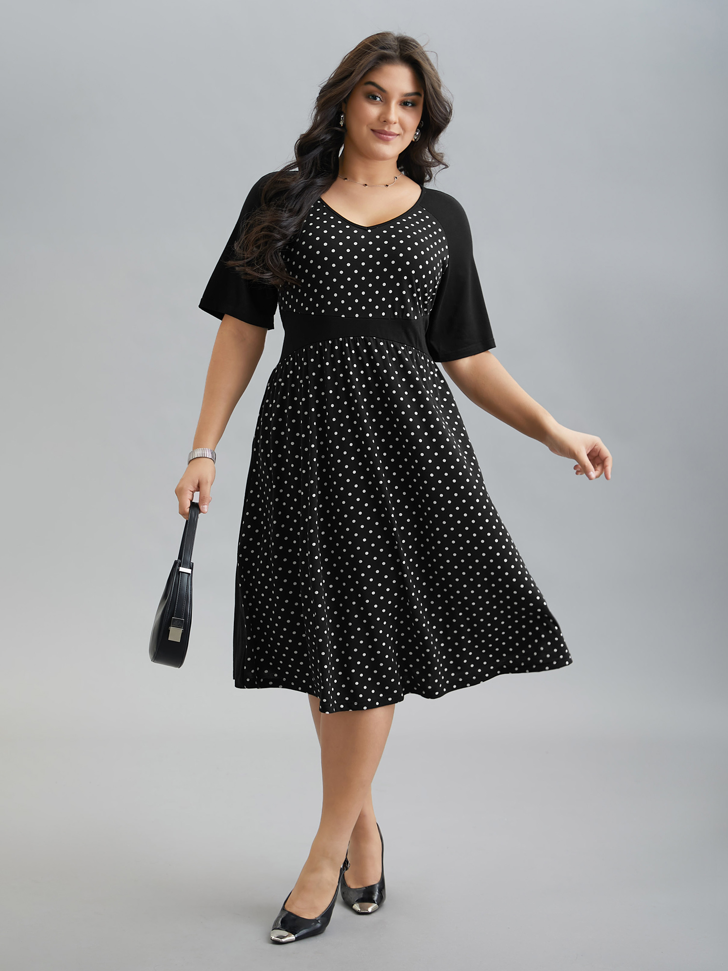 

Plus Size Supersoft Polka Dot Waist-Cinched Midi Dress BlackFlower Women At the Office Patchwork Knit Dresses Bloomchic