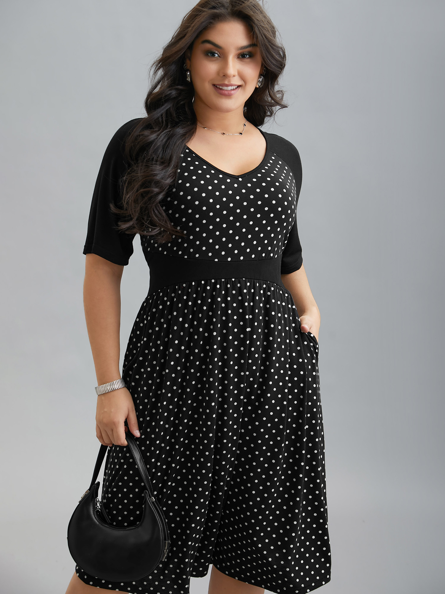 

Plus Size Supersoft Polka Dot Waist-Cinched Midi Dress BlackFlower Women At the Office Patchwork Knit Dresses Bloomchic