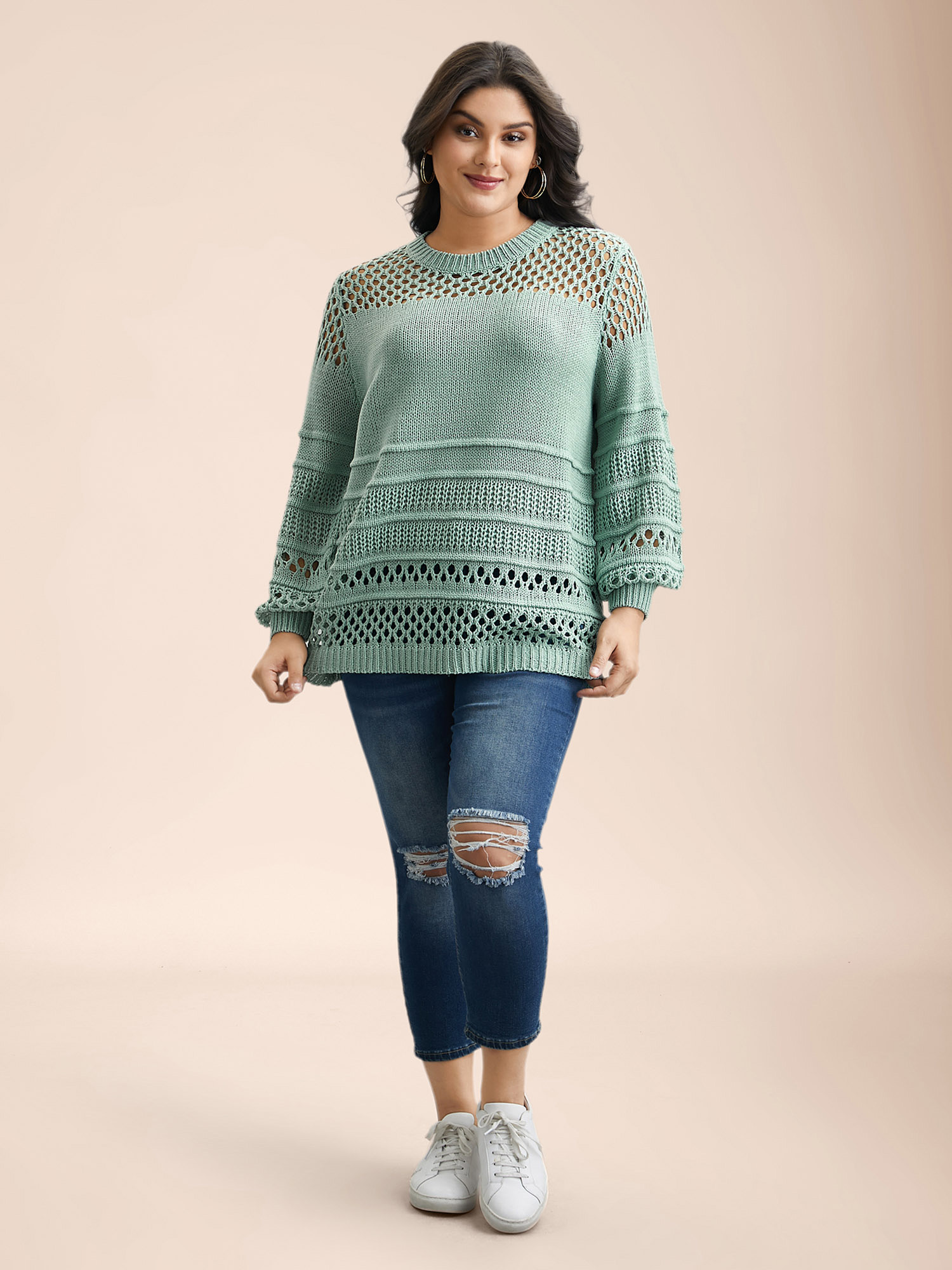 

Plus Size Textured Cut-Out Round Neck Pullover Mint Women Casual Loose Long Sleeve Everyday Cardigans BloomChic