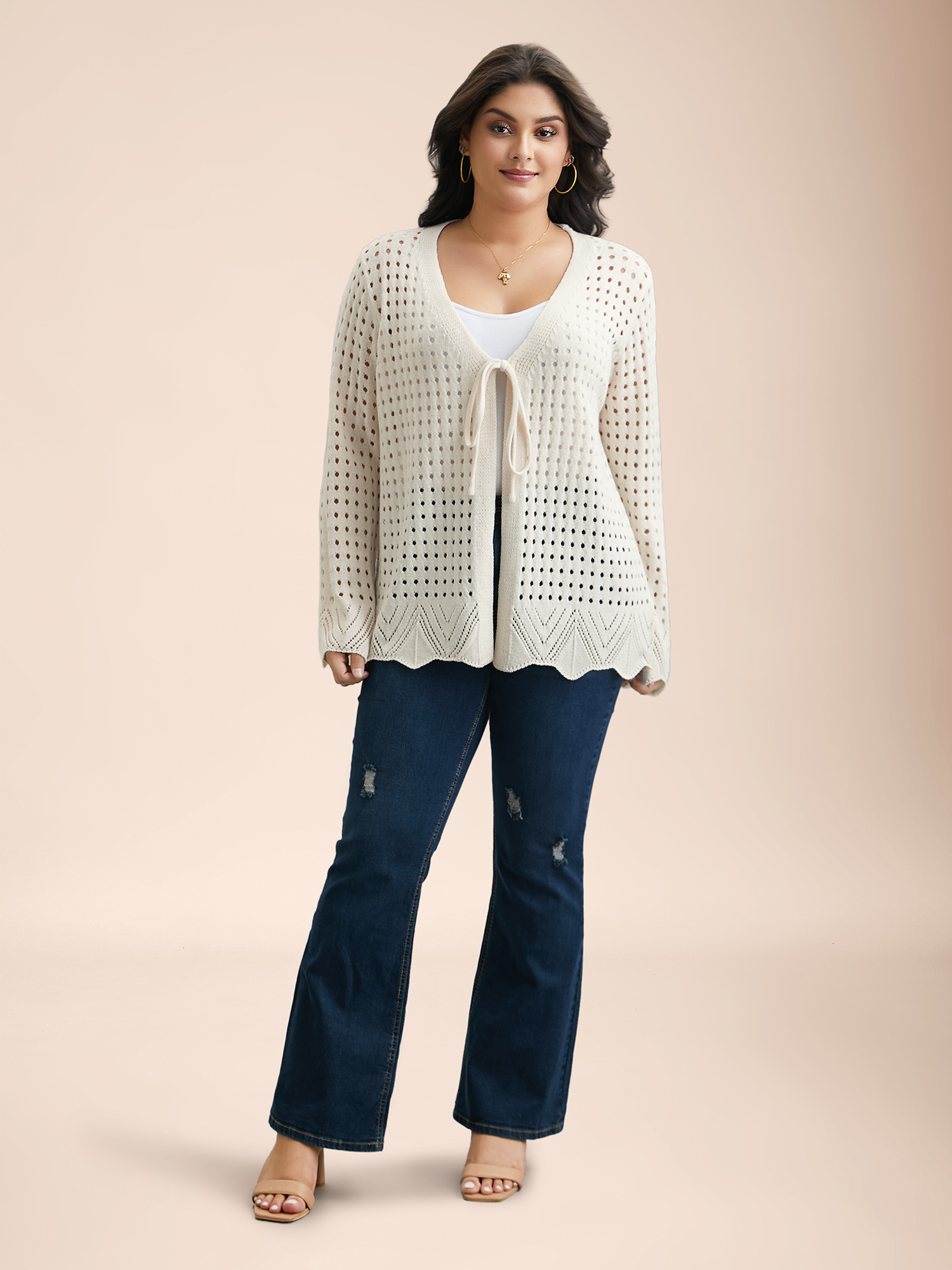 

Plus Size Cut-Out Neck Tie Knit Cardigan Ivory Women Casual Loose Long Sleeve Everyday Cardigans BloomChic