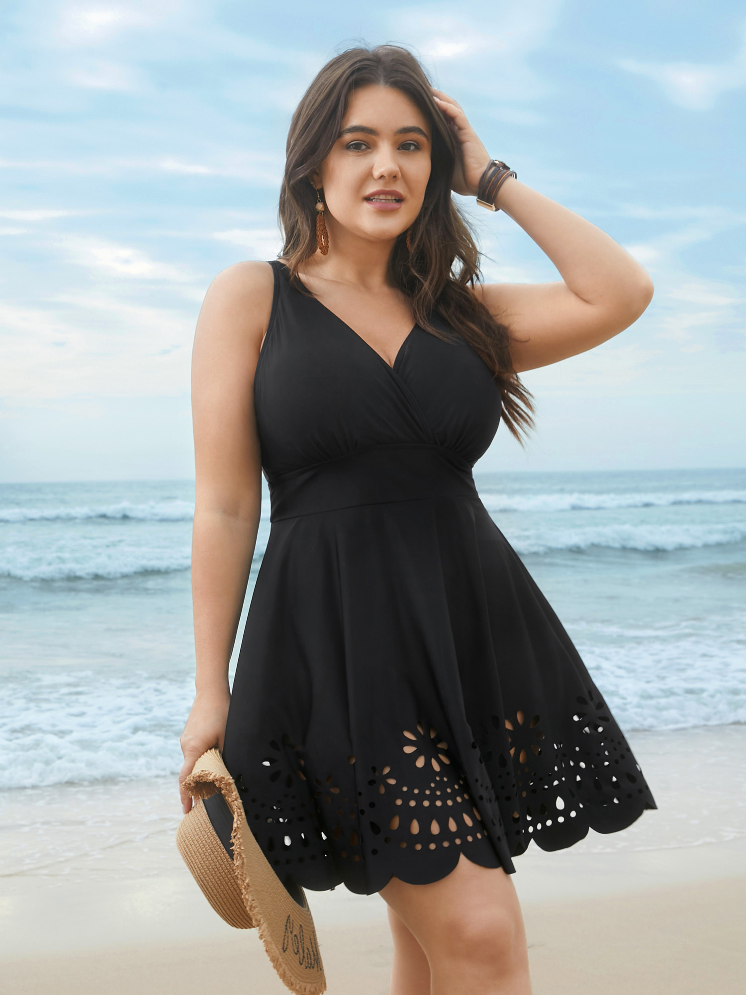 

Plus Size Laser Cut Surplice Neck Waist-Cinched Swim Dress Women's Swimwear Black Beach Bodycon Overlap Collar High stretch Curve Swim Dresses BloomChic