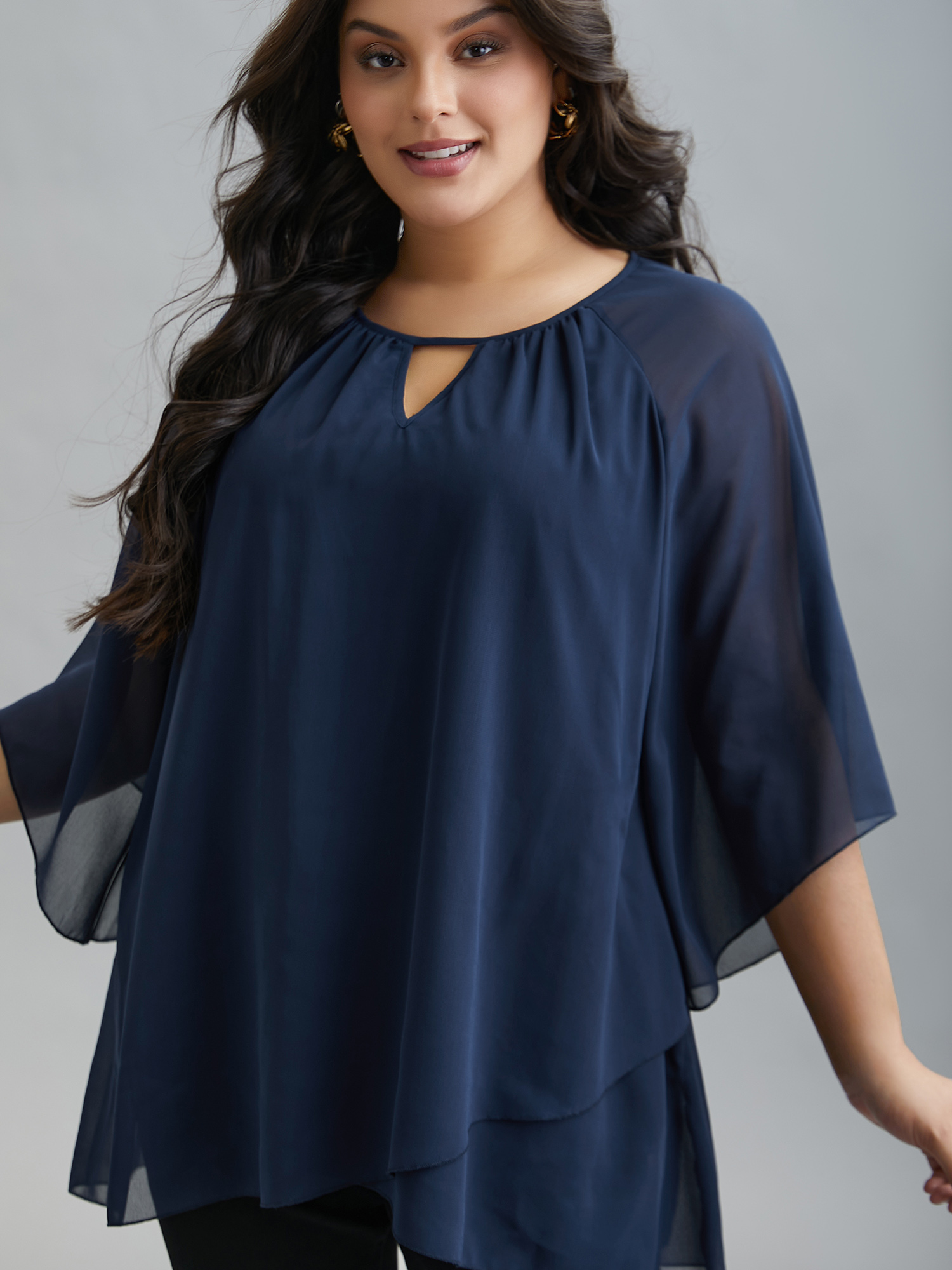 

Plus Size Indigo Ruched Neckline Lotus Leaf Sleeve Blouse Women Elegant Elbow-length sleeve Round Neck Everyday Blouses BloomChic