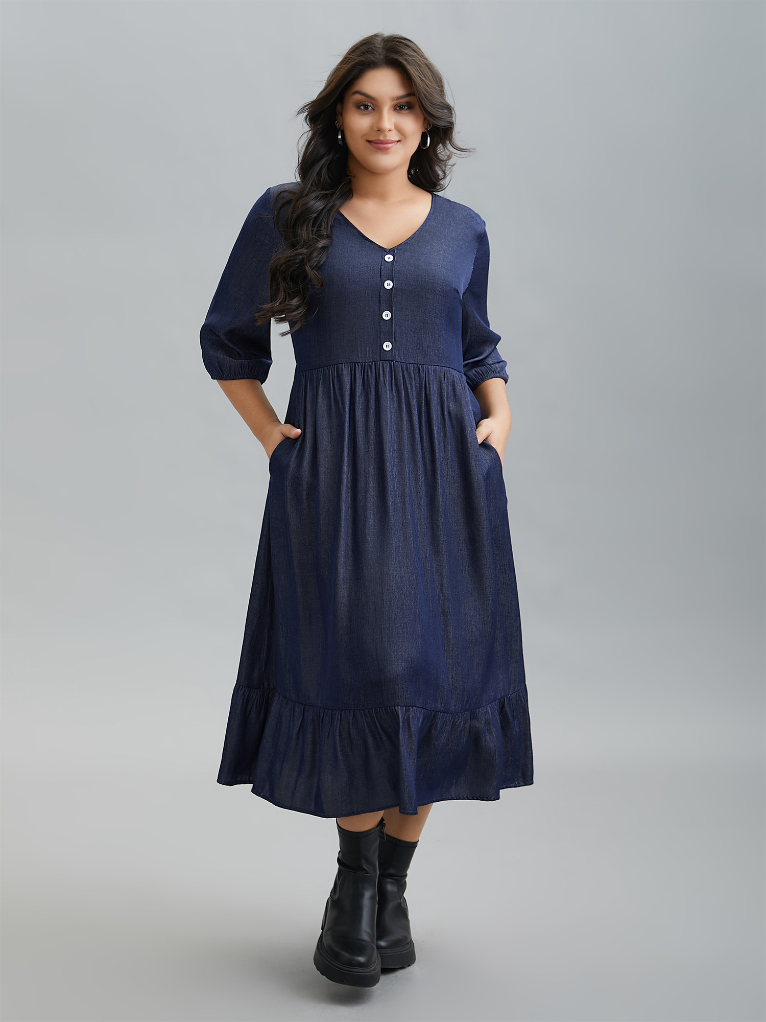 

Plus Size V-Neck Button Tiered Maxi Dress Mediumblue Women Casual Button V-neck Elbow-length sleeve Curvy BloomChic