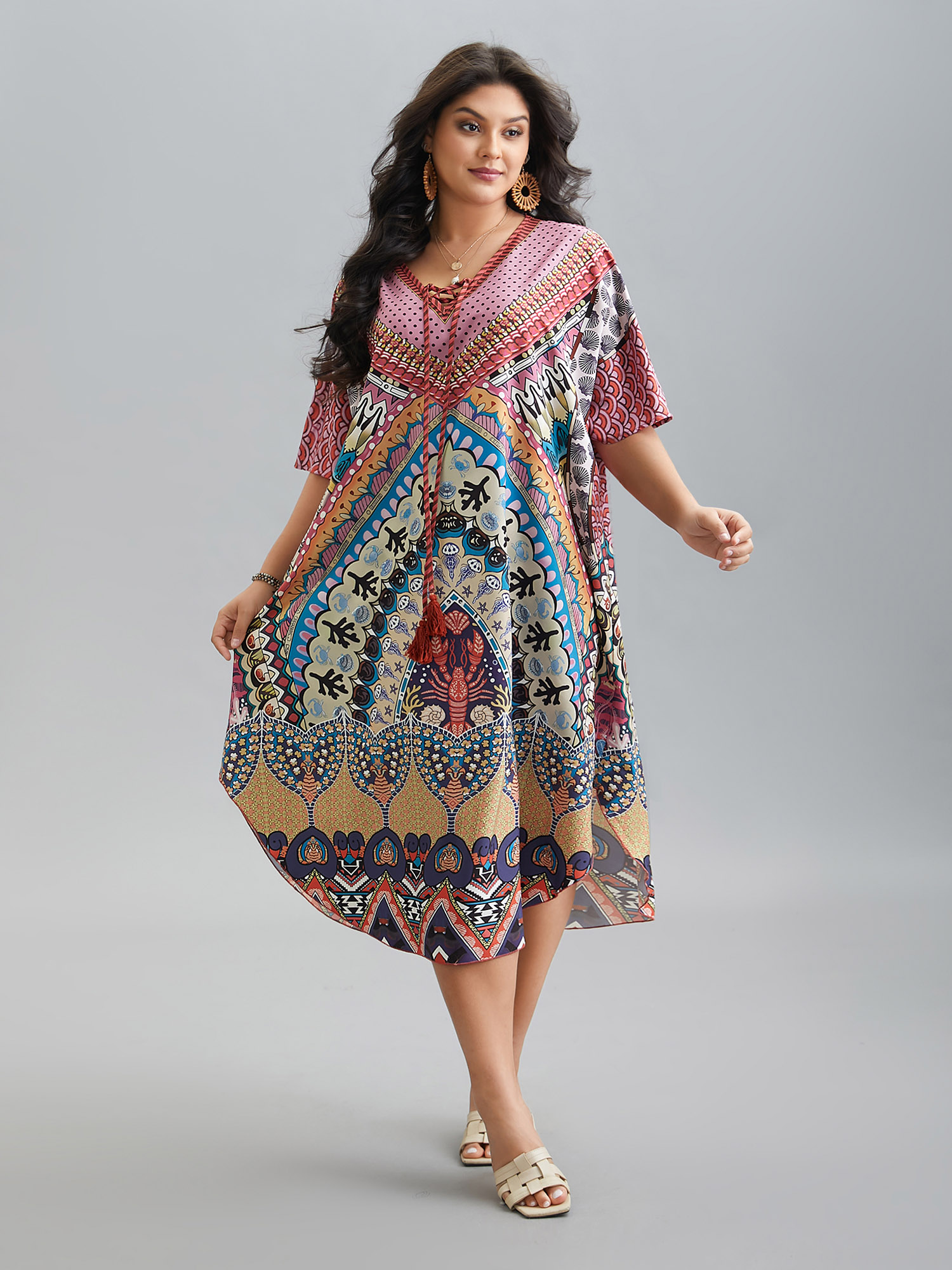 

Plus Size Boho Print Ties Slit Curved Hem Midi Dress Cerulean Women Resort Wraparound straps V-neck Half Sleeve Curvy BloomChic