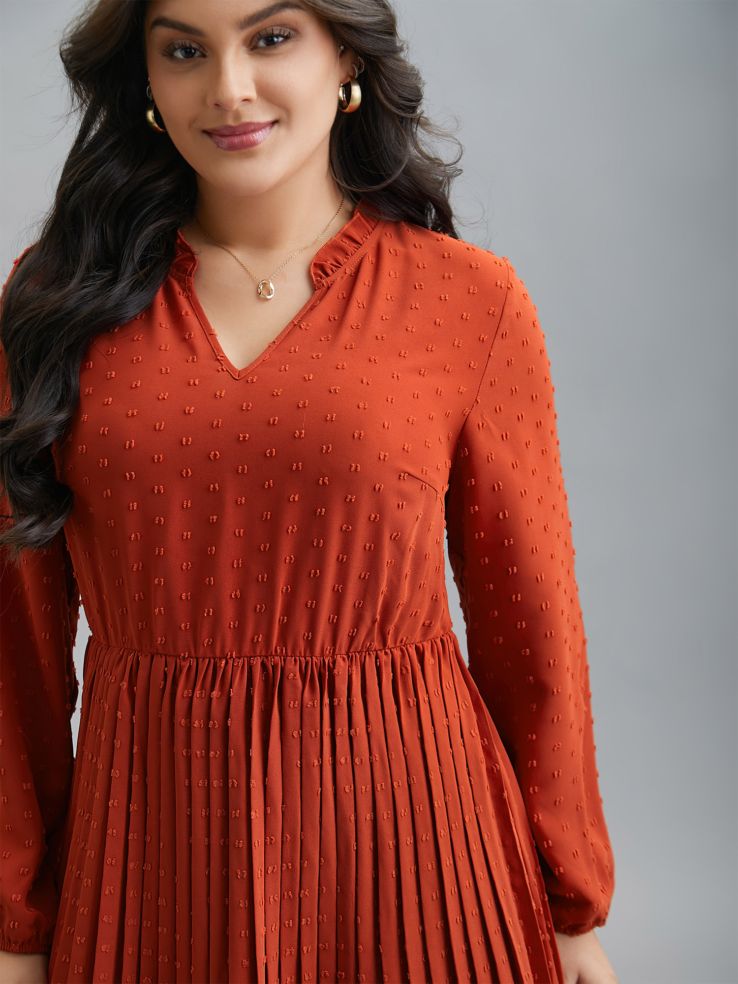 

Plus Size Notched Collar Textured Pleated Midi Dress OrangeRed Women Casual Texture Flat collar with V-notch Long Sleeve Curvy BloomChic