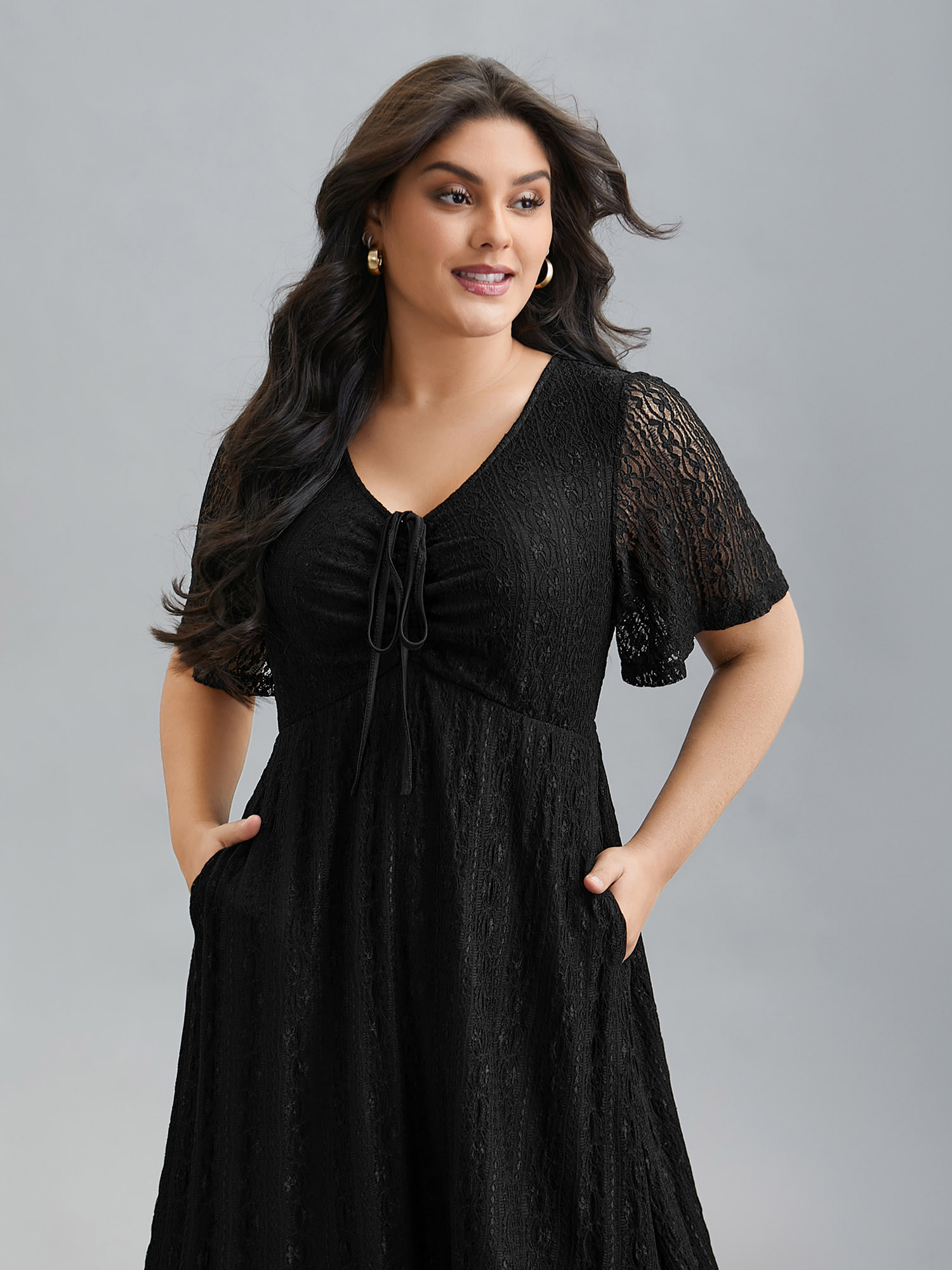 

Plus Size Lace V-Neck Bow Drawstring Midi Dress Black Women Casual Tie knot Knit Dresses Bloomchic