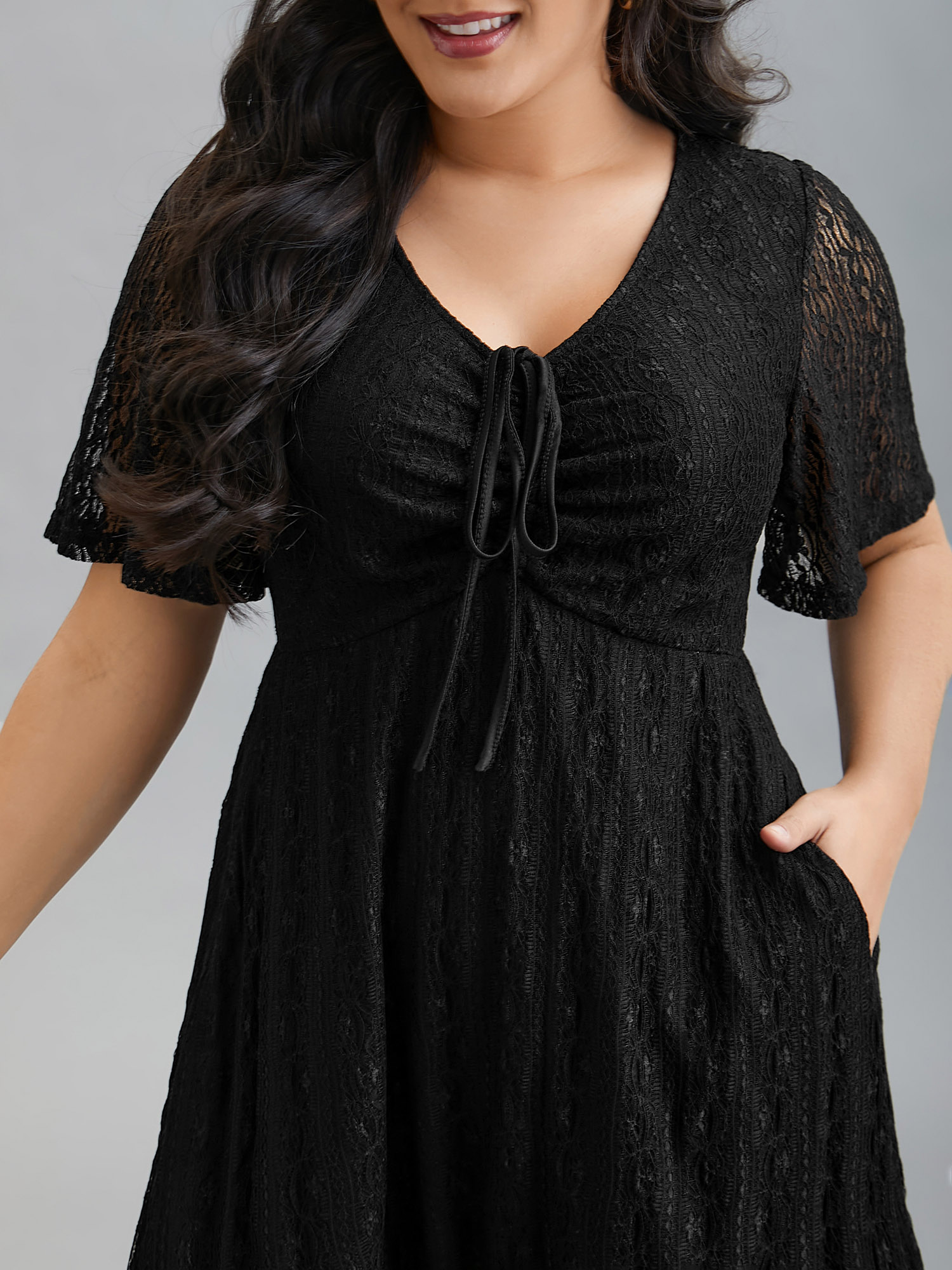 

Plus Size Lace V-Neck Bow Drawstring Midi Dress Black Women Casual Tie knot Knit Dresses Bloomchic