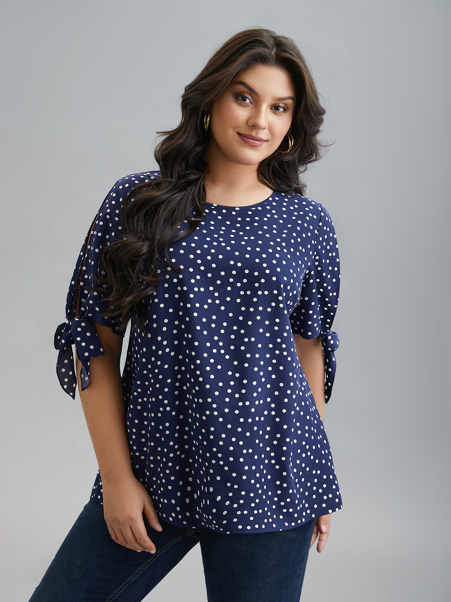 

Plus Size Indigo Polka Dots Round Neck Sleeve-Tie Blouse Women Casual Short sleeve Round Neck Everyday Blouses BloomChic