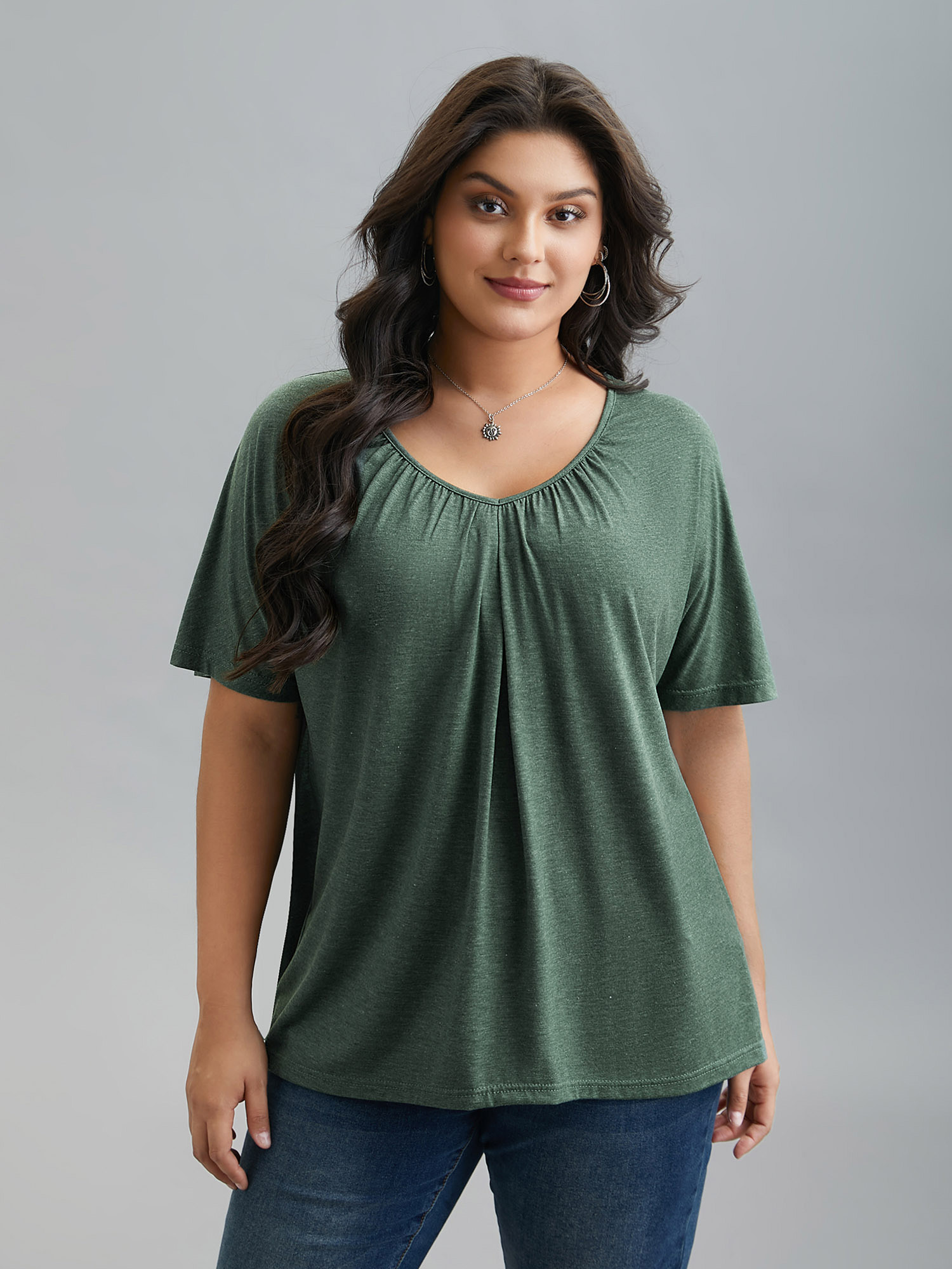 

Plus Size Pleated Plain Half-Sleeve Knit Top DarkSlateGray V-neck Short sleeve Casual Jersey Tops