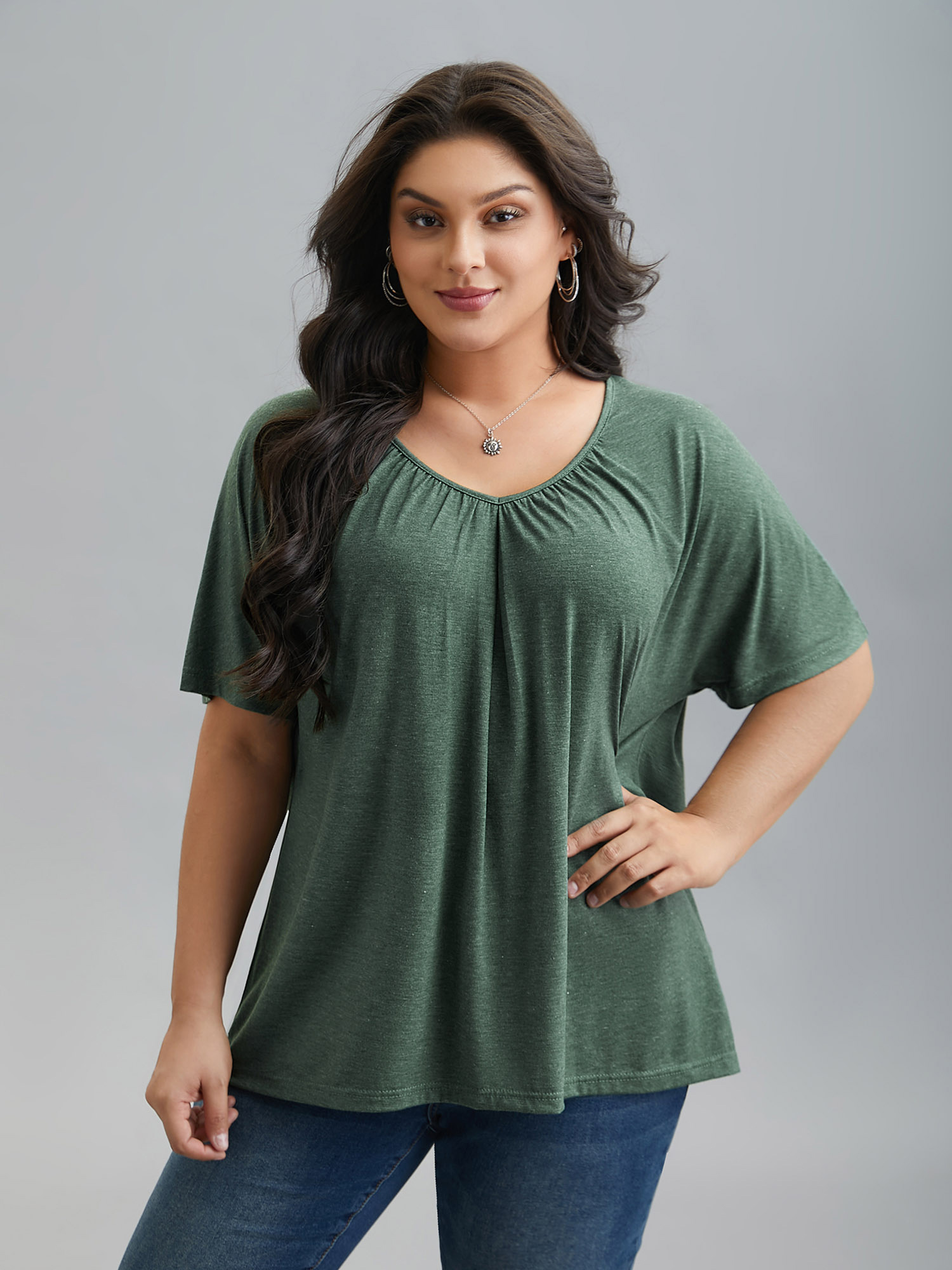 

Plus Size Pleated Plain Half-Sleeve Knit Top DarkSlateGray V-neck Short sleeve Casual Jersey Tops