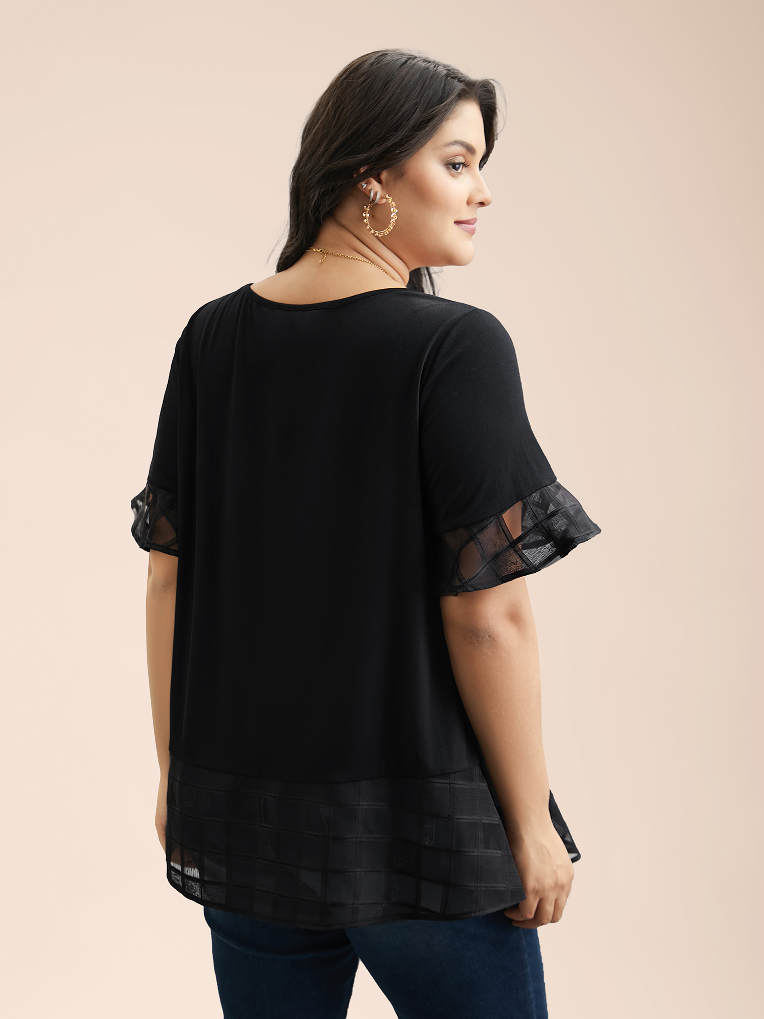 

Plus Size Sheer Patchwork Ruffle Round Neck T-Shirt Black Women Elegant Patchwork Round Neck Everyday T-shirts BloomChic