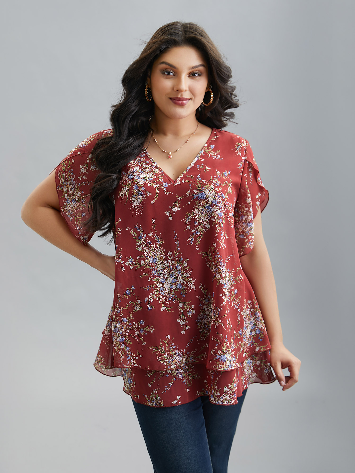 

Plus Size Scarlet Floral Print Petal Sleeve Layered Blouse Women Elegant Half Sleeve V-neck Everyday Blouses BloomChic